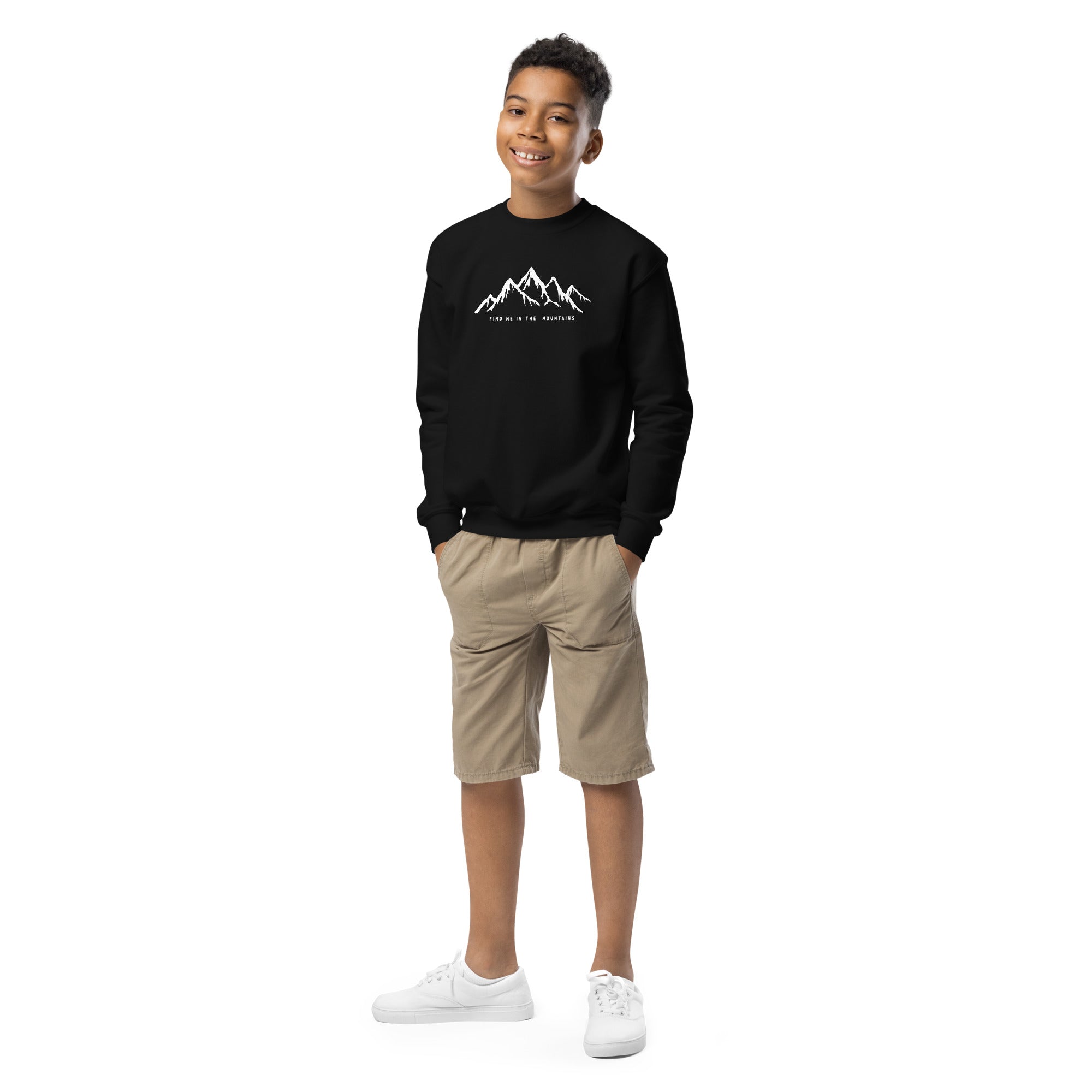 Kids nature crewneck sweatshirt featuring mountains for outdoor lovers.