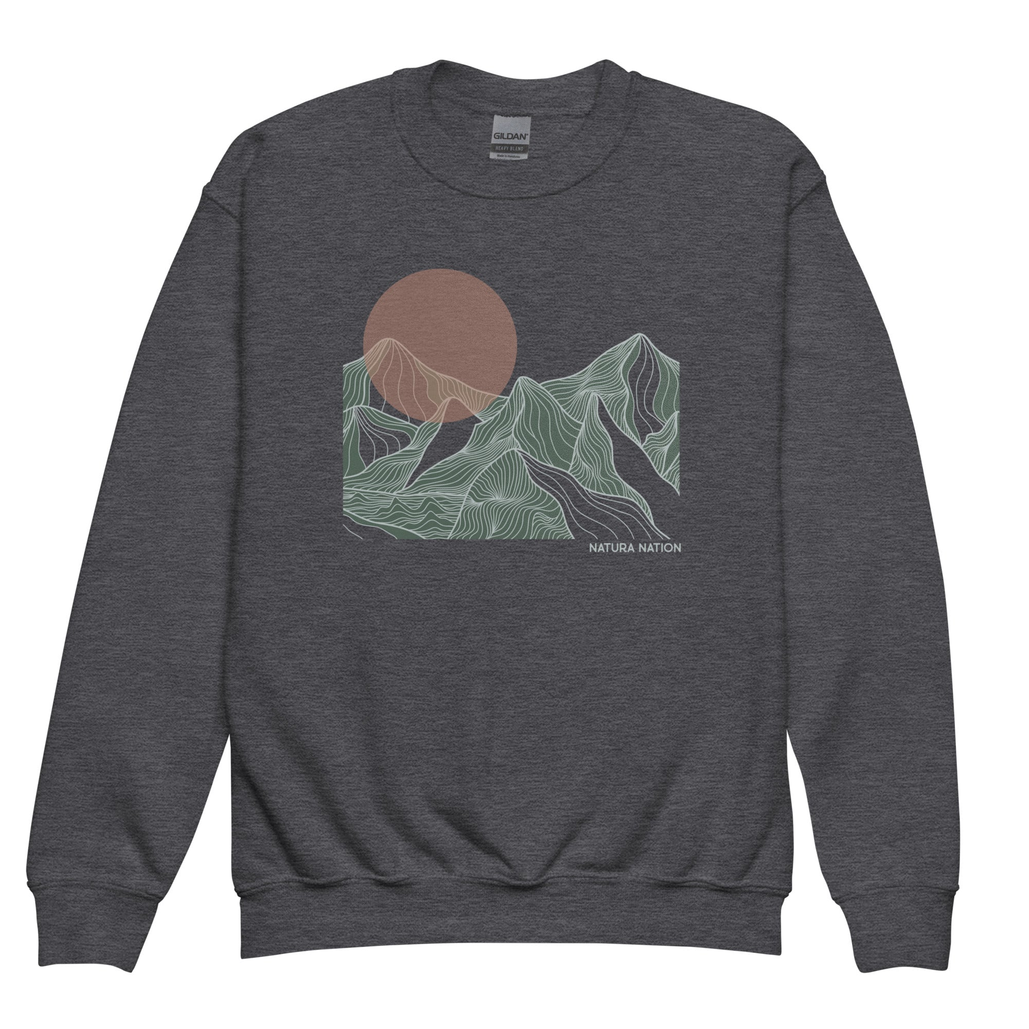 A dark heather gray crewneck sweatshirt featuring a stylized graphic of green line-art mountains and a brown sun, with the text 'NATURA NATION' printed below the graphic. Youth mountain crewneck sweatshirt for kids who love the outdoors, front view.