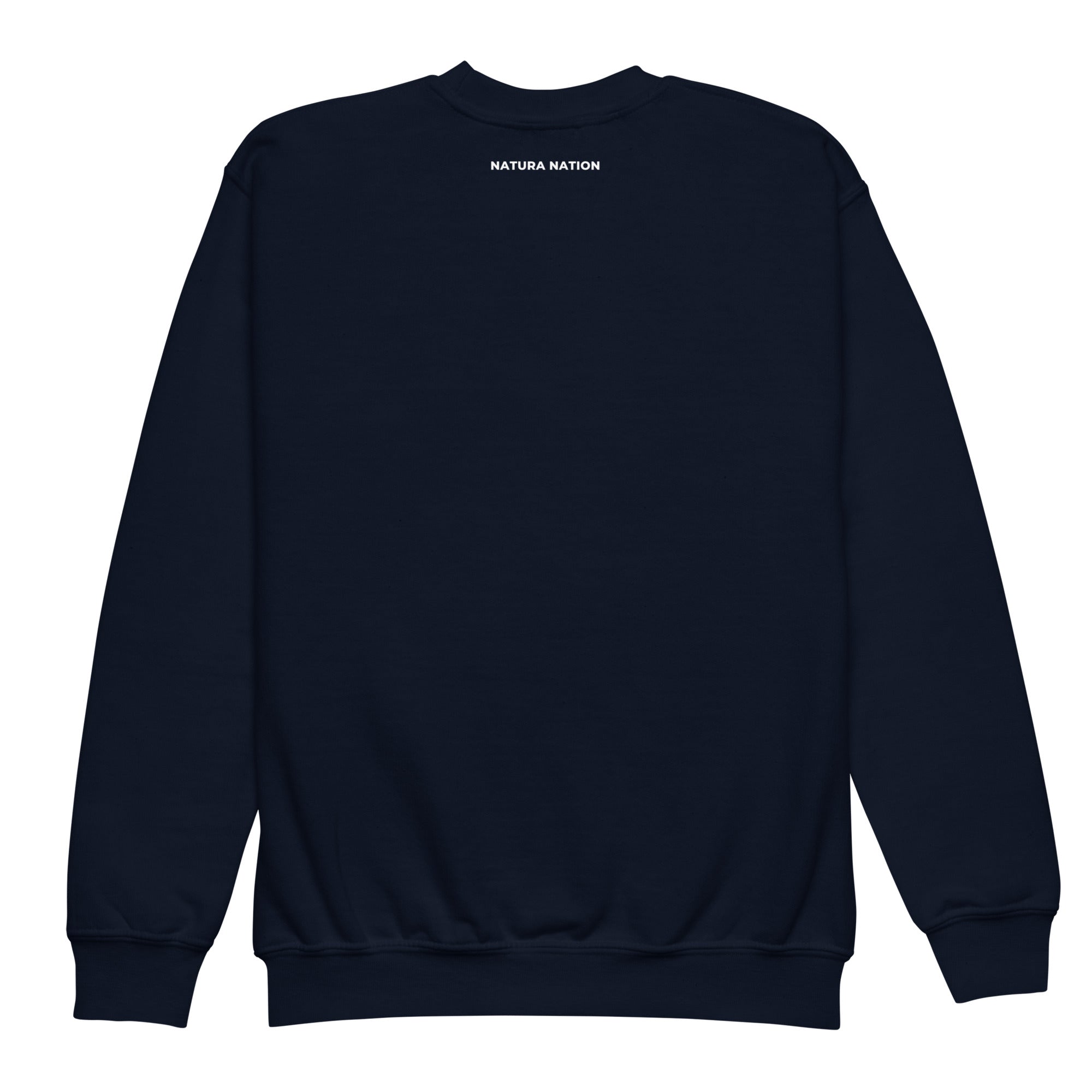 Kids mountain crewneck sweatshirt back view with the Natura Nation name below the collar.
