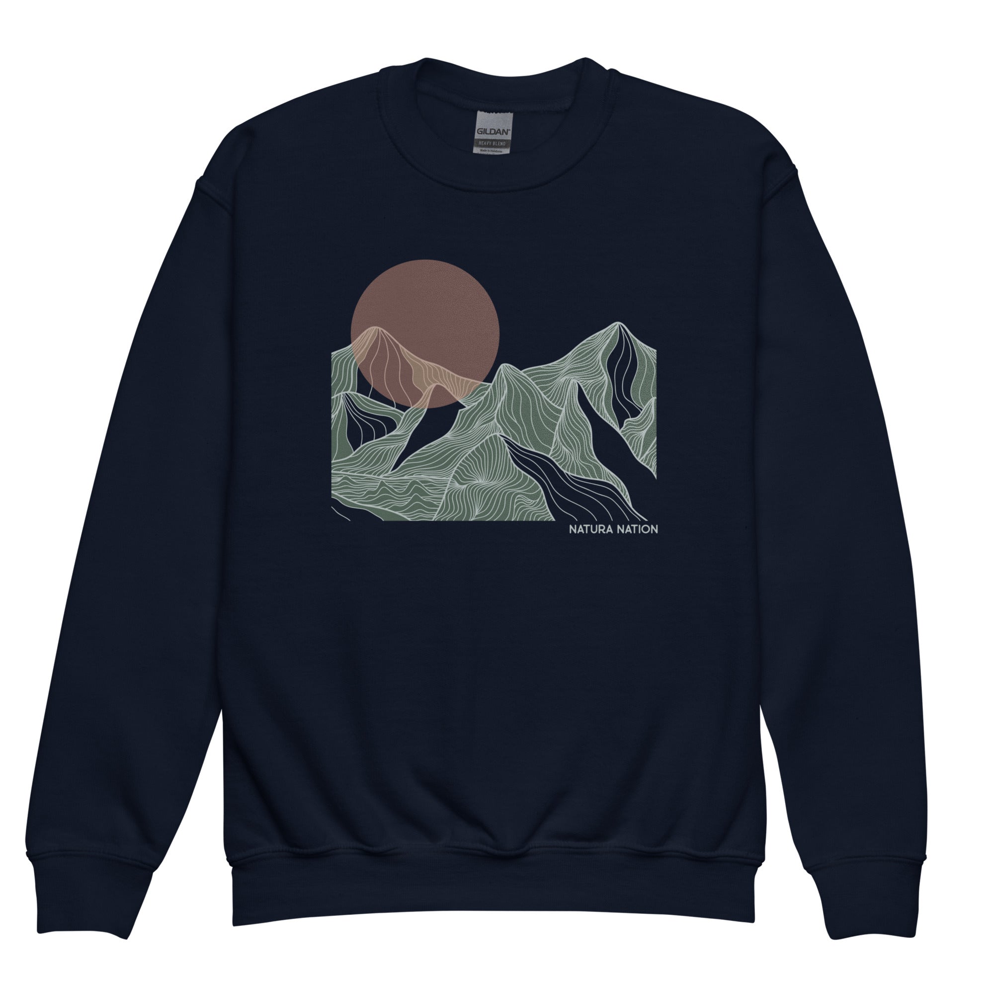 A navy blue crewneck sweatshirt featuring a stylized graphic of mountains and a sun on the chest, with the text 'NATURA NATION' printed below the graphic. Youth mountain sweatshirt with a glowing sunset peak design on the front for kids.