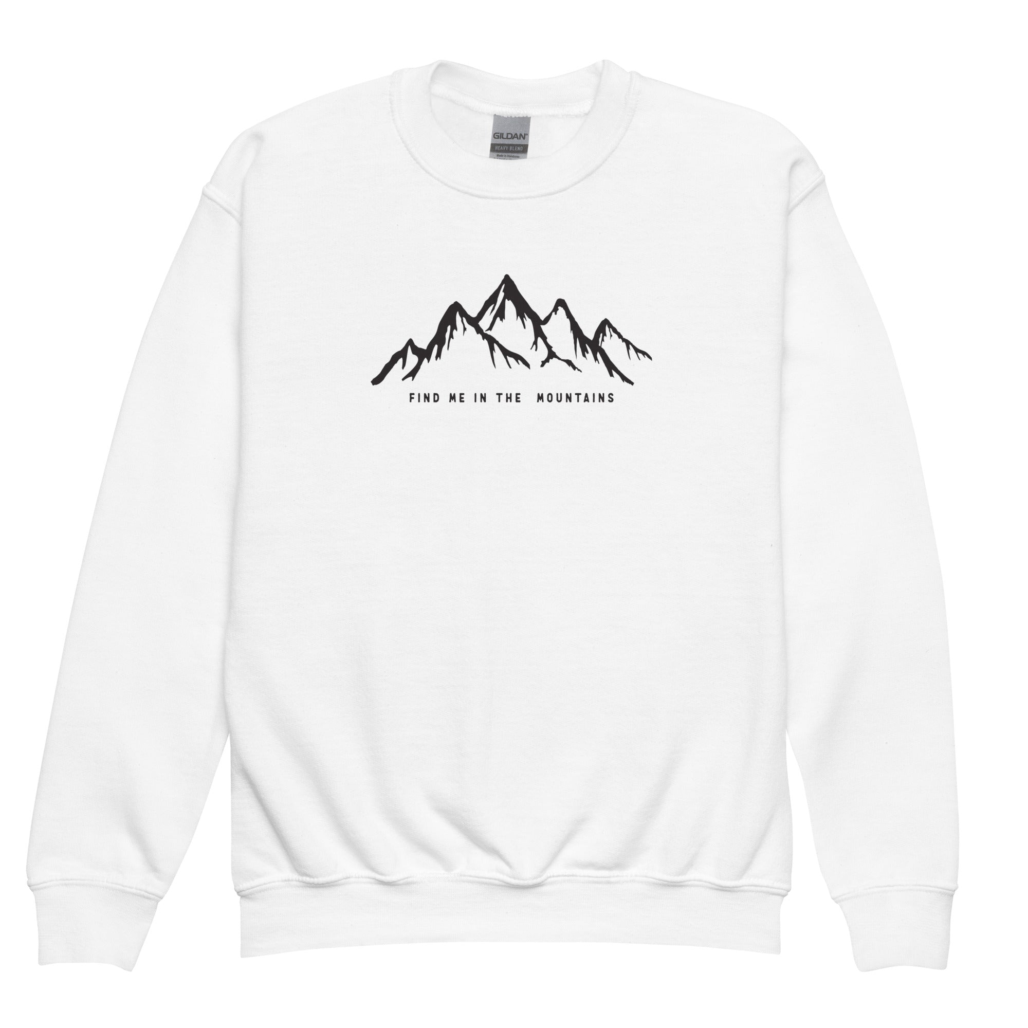 Kids graphic mountain sweatshirt in a cozy fleece, front view for teens and youth.