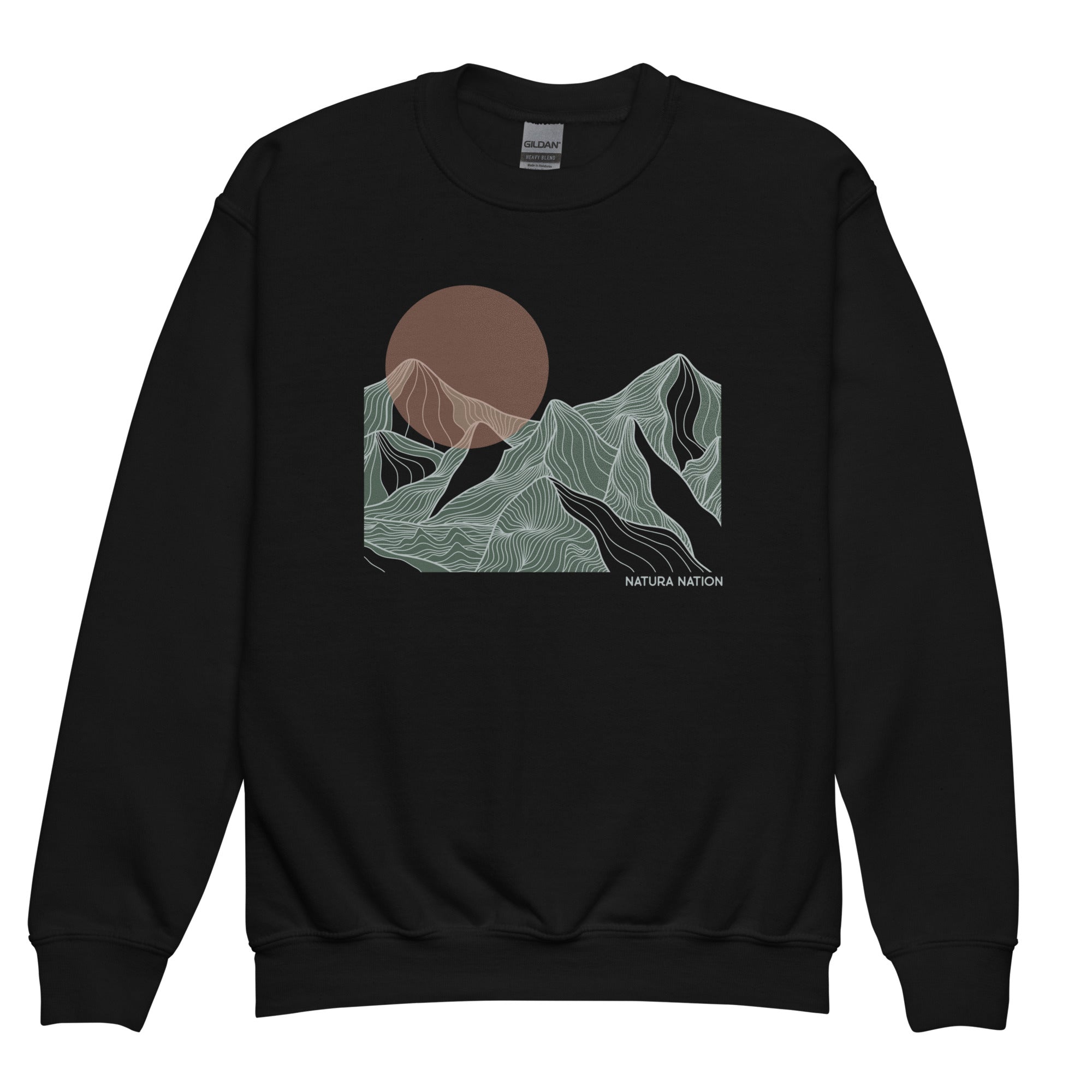 A black crewneck sweatshirt featuring a stylized graphic of a brown sun over green and gray line-art mountains, with the text 'NATURA NATION' printed below the graphic. Youth nature sweatshirt with mountain peaks at last light, cozy fleece for cooler days.