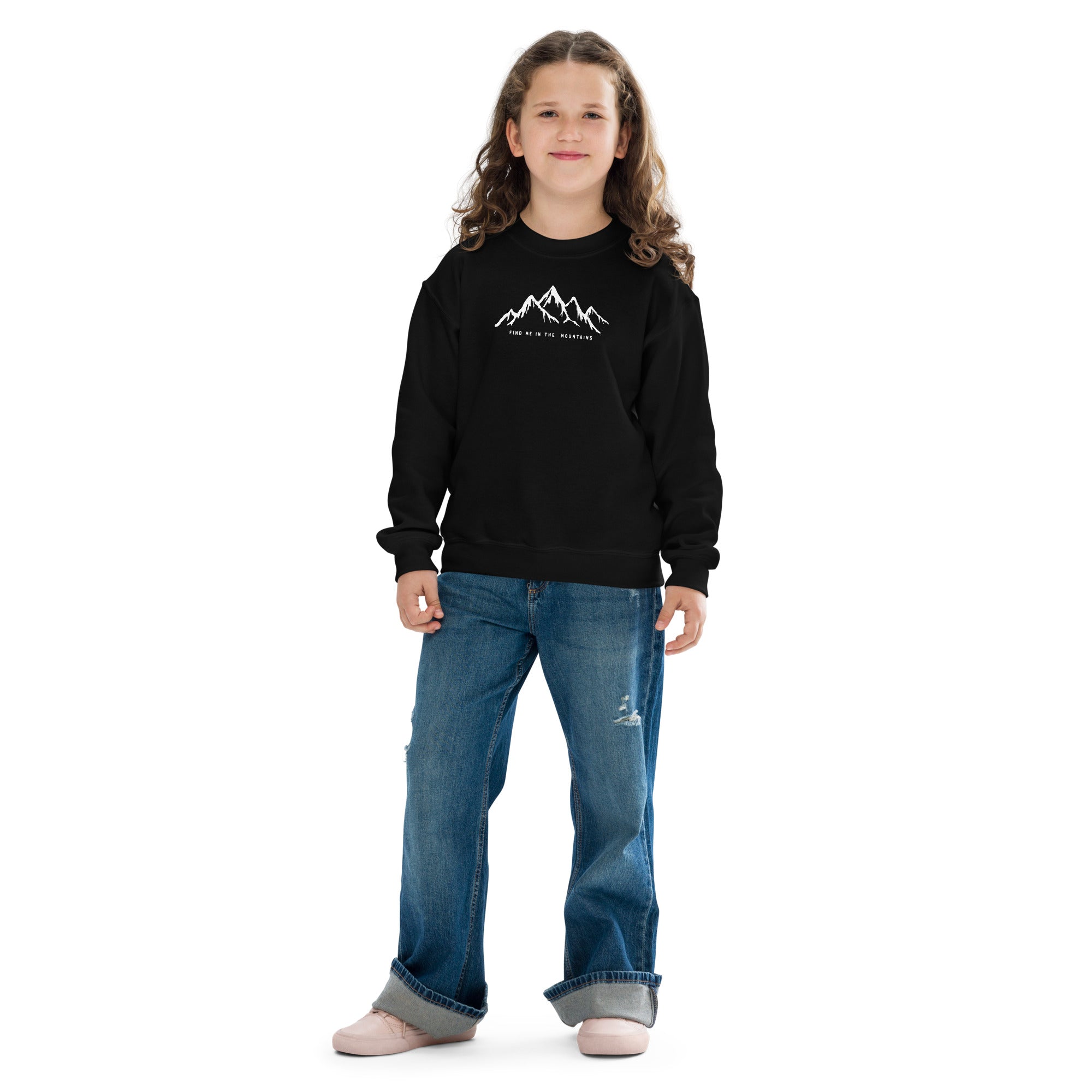 Kids mountain sweatshirt back view with the Natura Nation name below the collar.