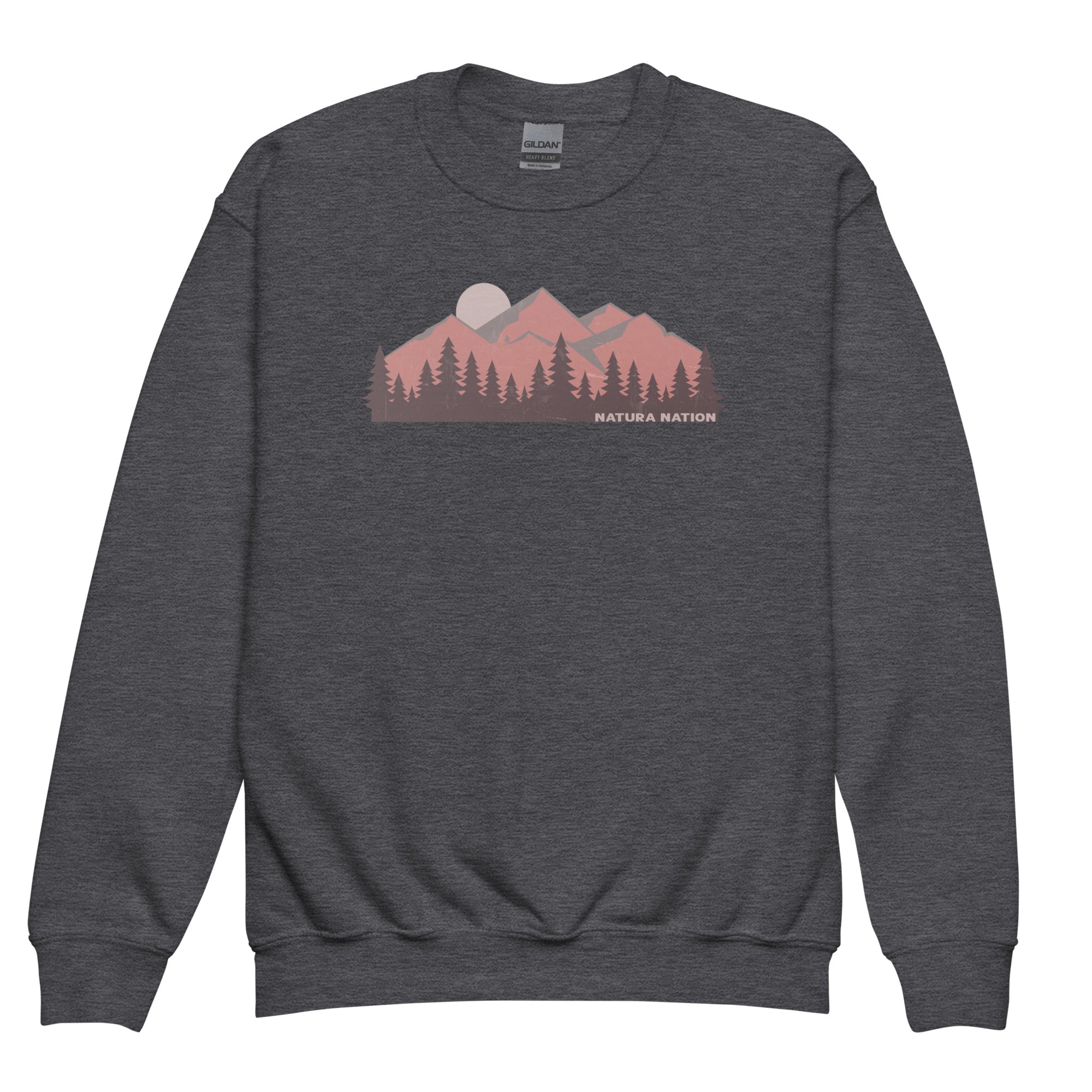 Kids mountain sweatshirt with a summit silhouette design on the front for youth.