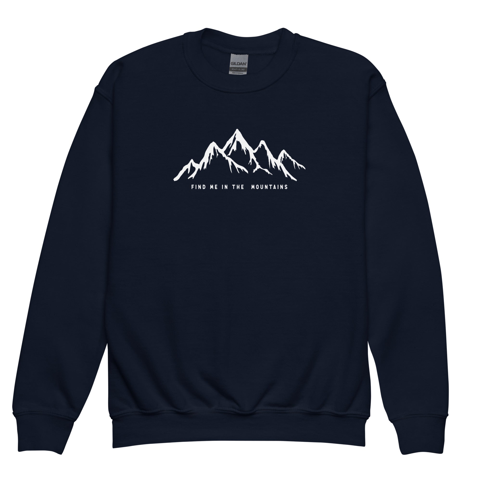 Youth graphic sweatshirt with a mountain design, cozy fleece for cooler days.