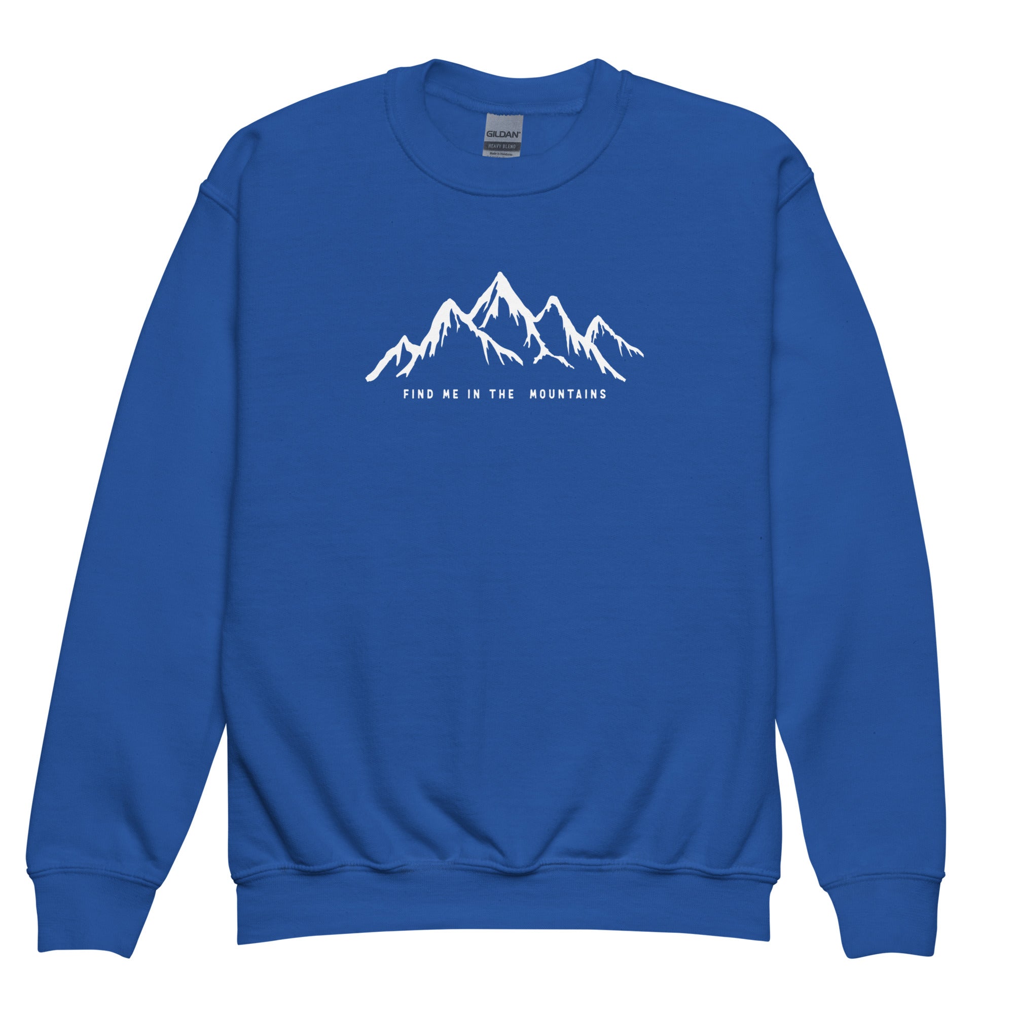 Kids crewneck nature sweatshirt with mountain peaks for teens and youth.