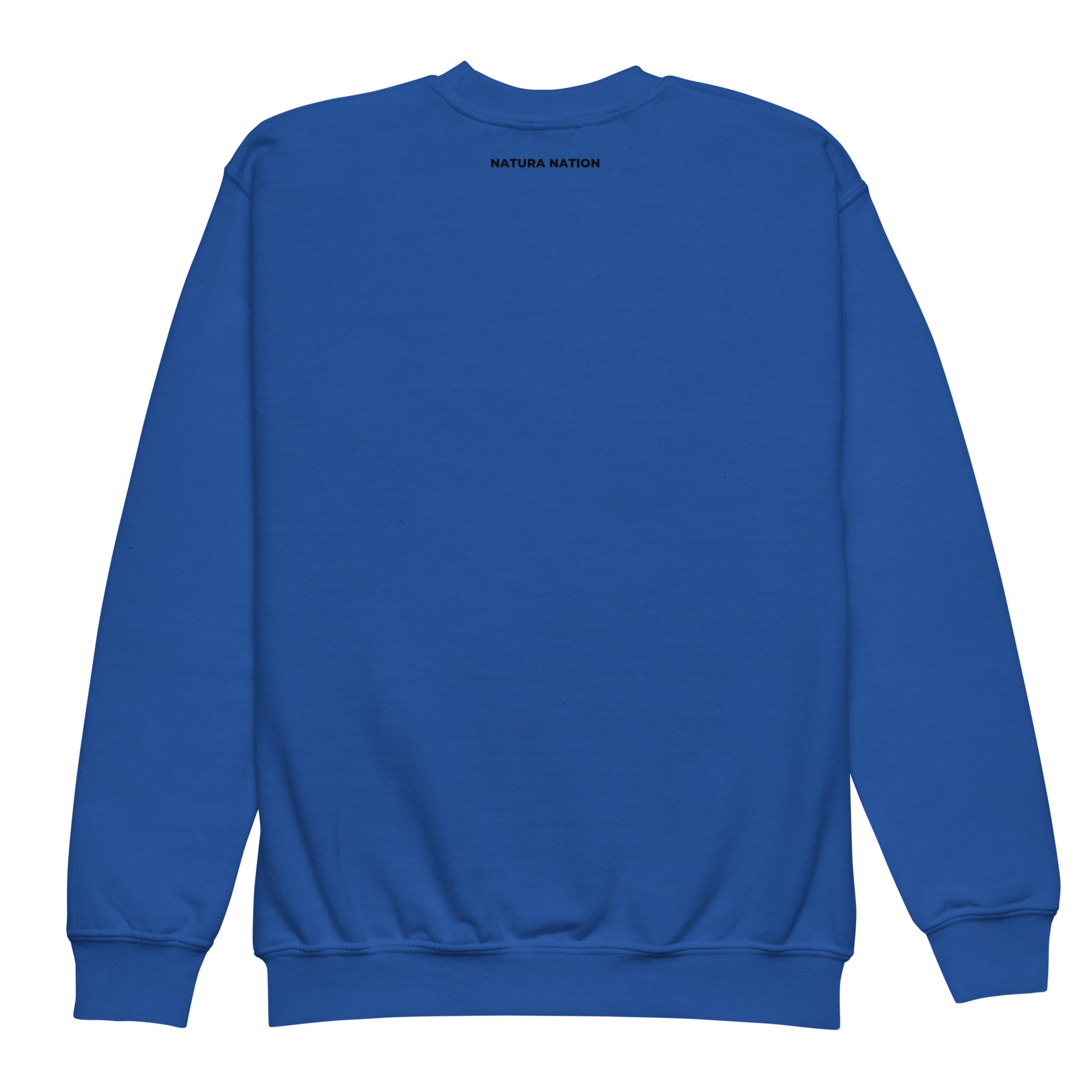 Kids nature crewneck sweatshirt back view with the Natura Nation name in Black below the collar.