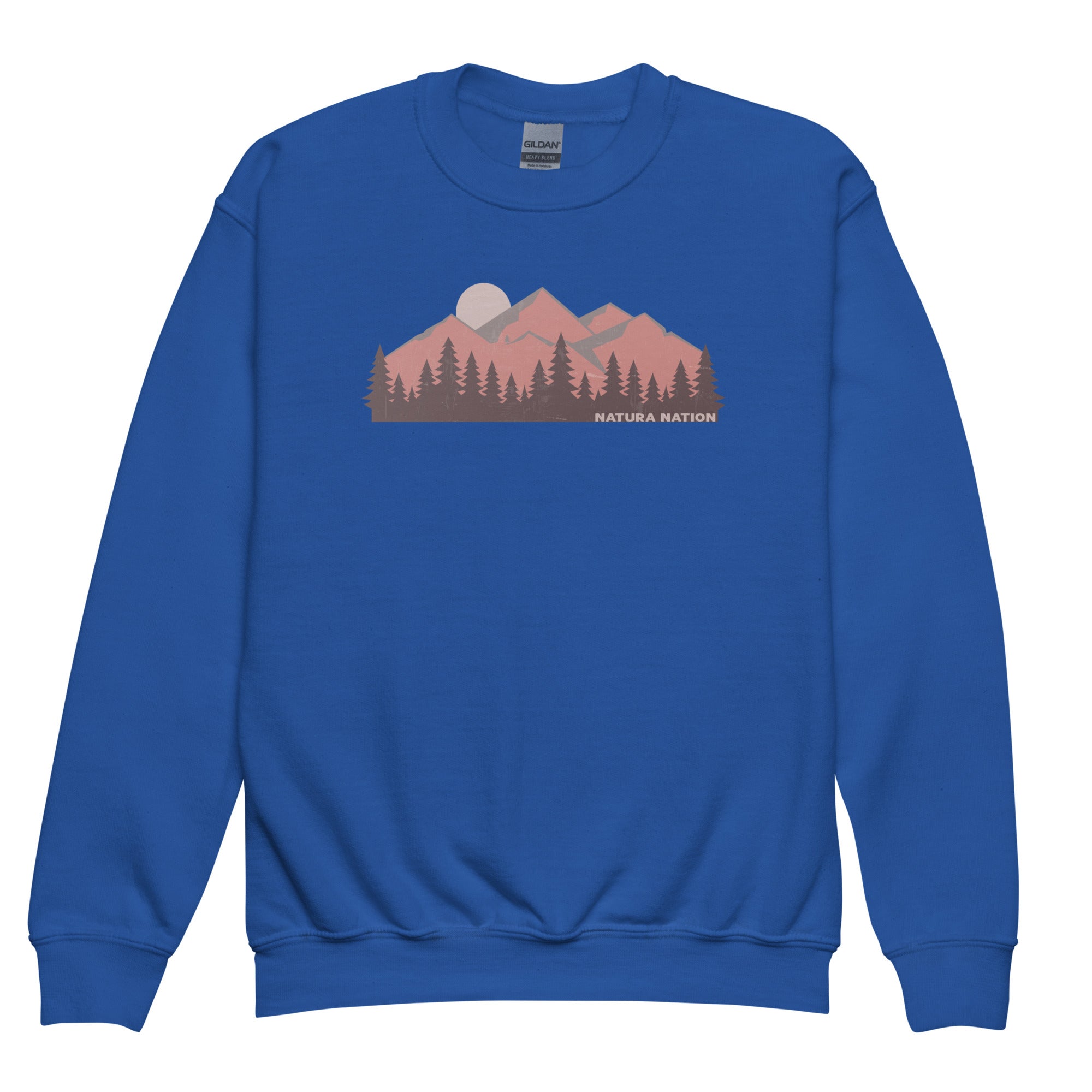A royal blue crewneck sweatshirt featuring a stylized graphic of a mountain landscape with pine trees and a moon, with the text 'NATURA NATION' printed below the graphic. Youth nature sweatshirt with mountain summits, soft and cozy front view.