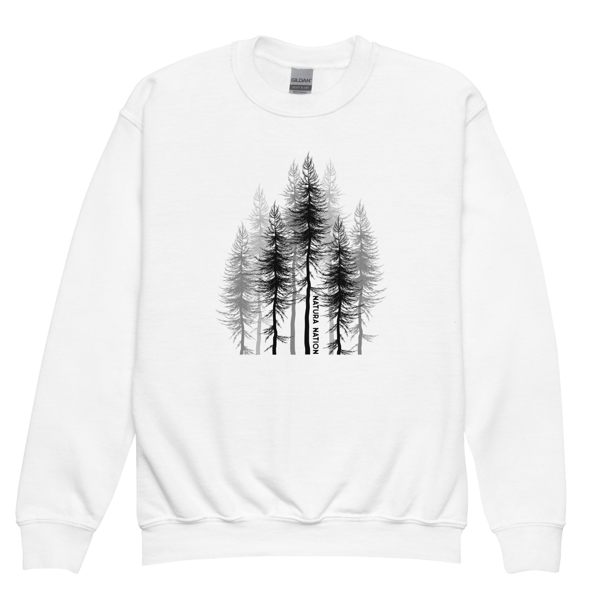 Kids graphic tree sweatshirt with a forest print, front view for teens and youth.