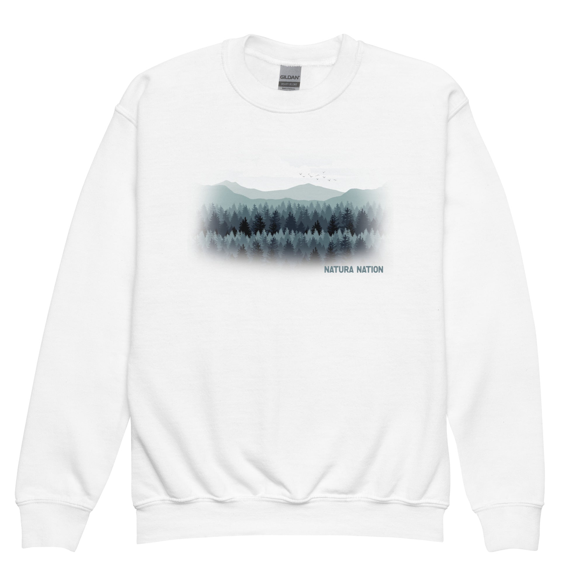 Kids nature sweatshirt with a forest and summit print, soft and cozy front view.