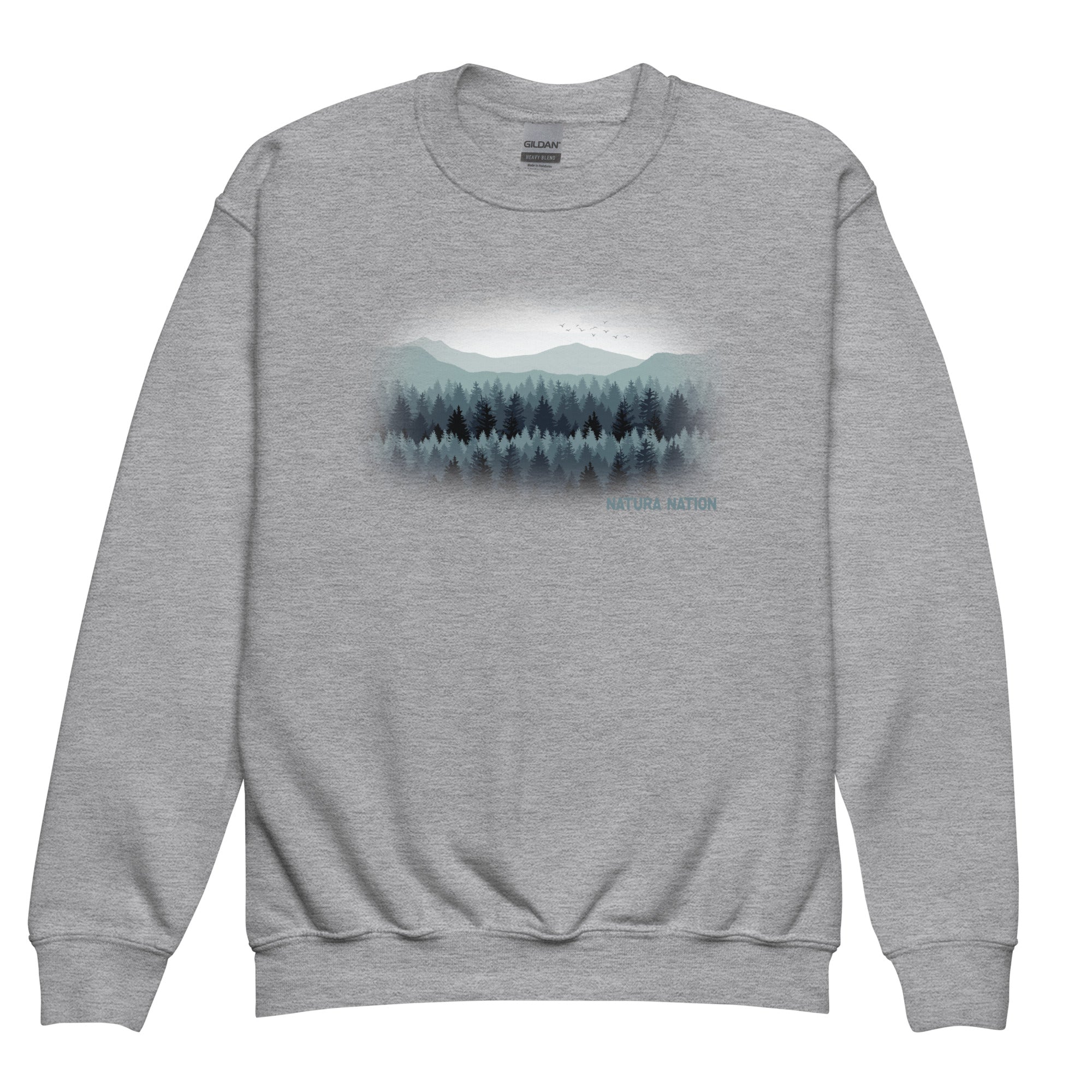 Kids graphic sweatshirt featuring pines and peaks for teens and youth.