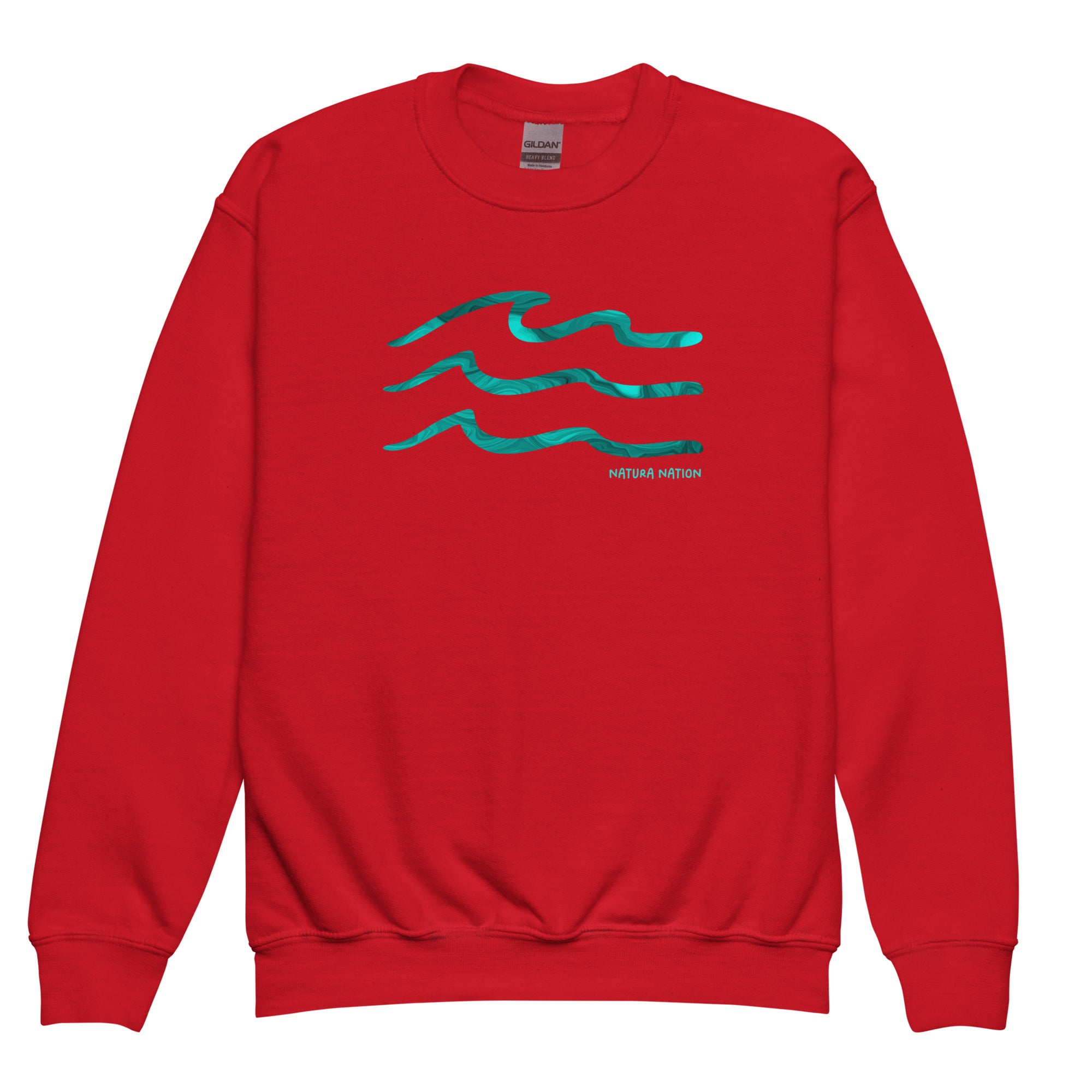 A red crewneck sweatshirt featuring three wavy teal lines across the chest with the text 'NATURA NATION' printed below in small white letters. Kids nature sweatshirt with a rolling sea wave print for the outdoors.