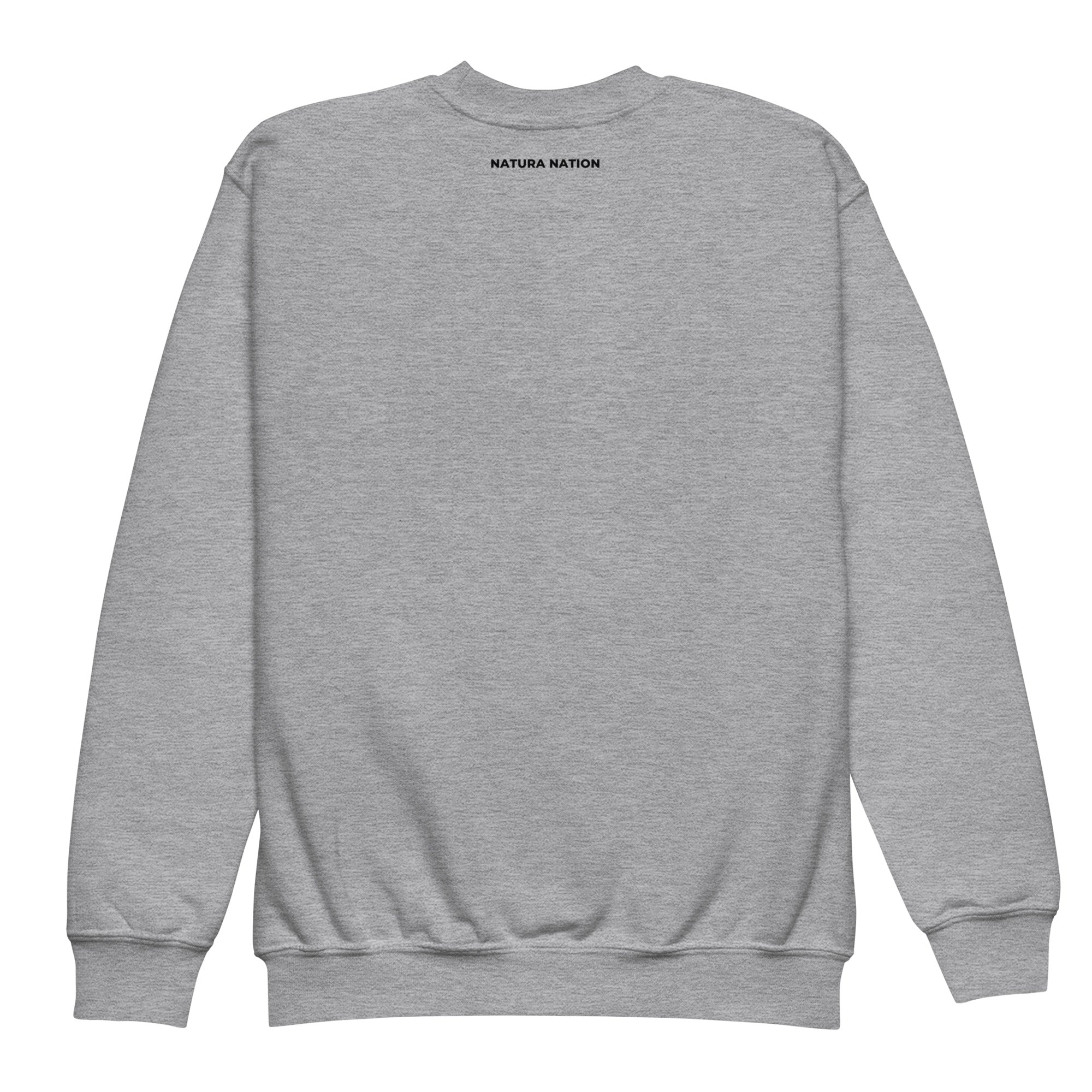 Kids forest crewneck sweatshirt back view with the Natura Nation name below the collar.