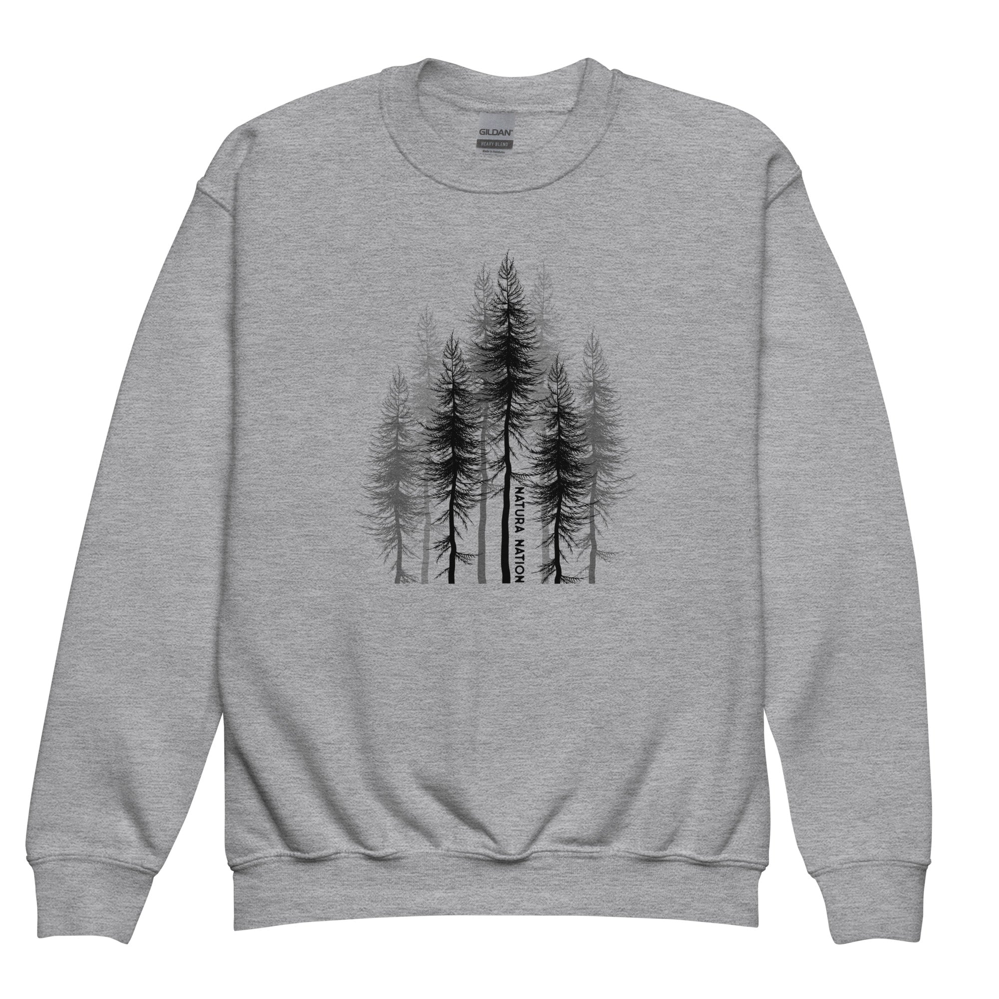 Youth tree sweatshirt with a pine forest design on the front for kids.