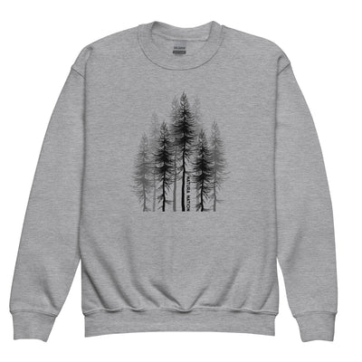 Youth tree sweatshirt with a pine forest design on the front for kids.