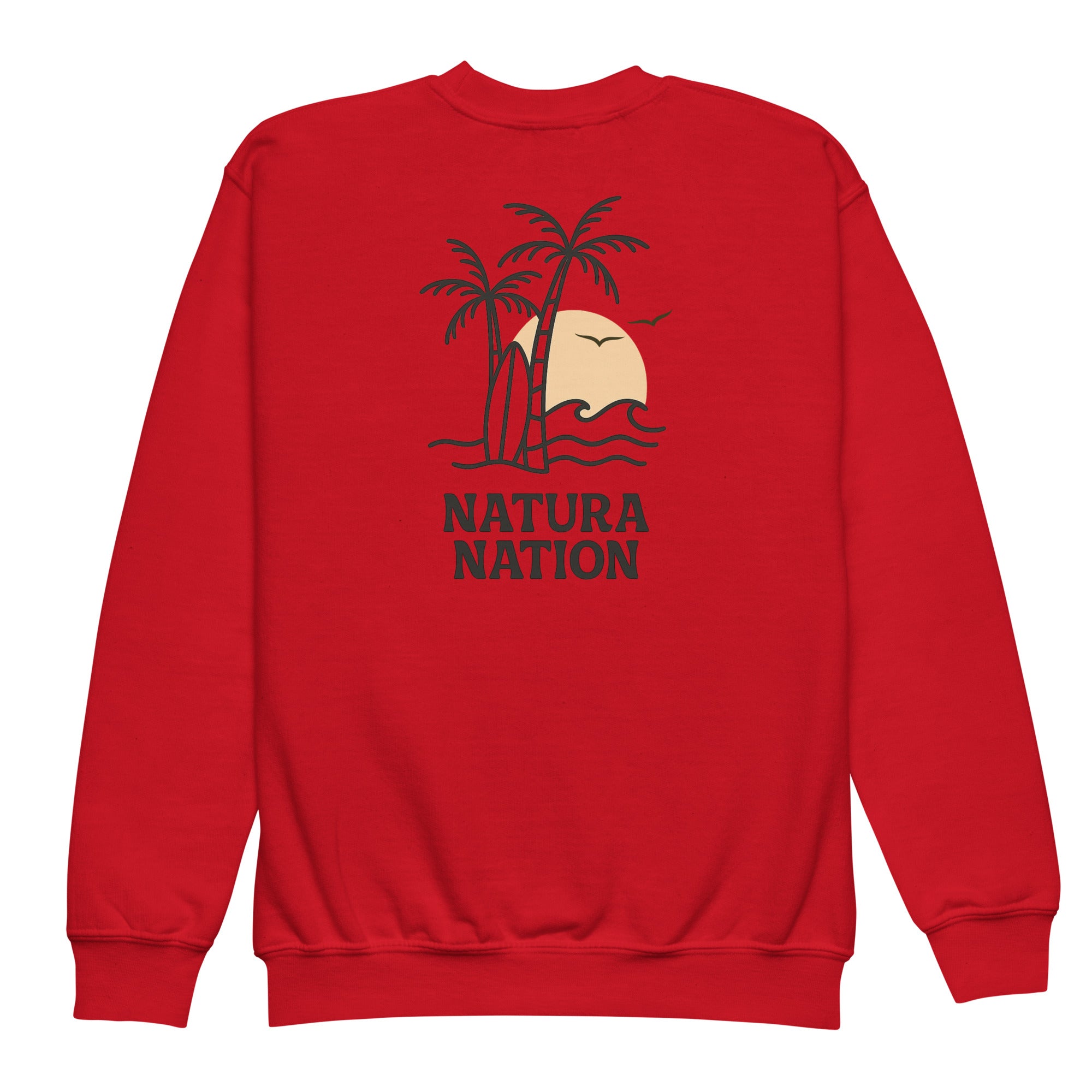 Youth beach sweatshirt featuring palms and waves on the back for teens and kids.
