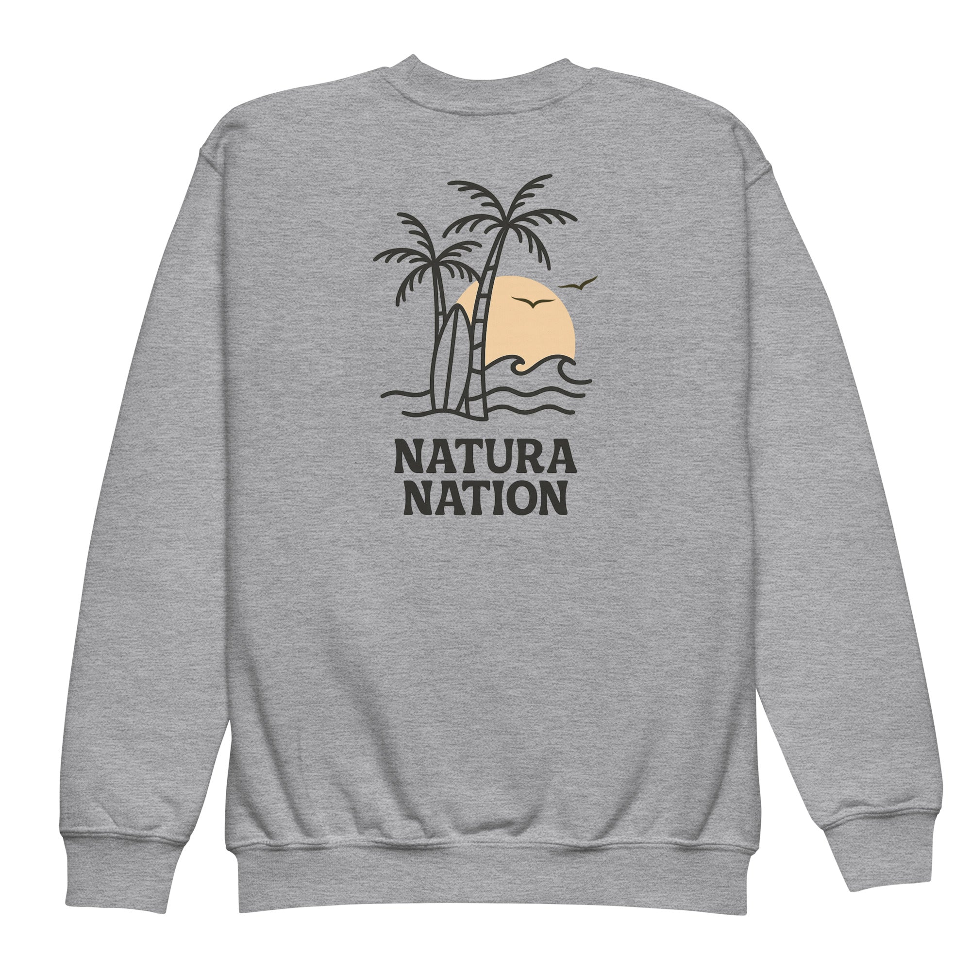 Kids ocean sweatshirt with a tropical palm and sea design on the back for youth.