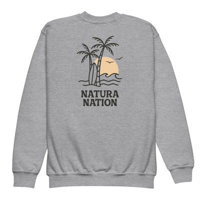 Kids ocean sweatshirt with a tropical palm and sea design on the back for youth.
