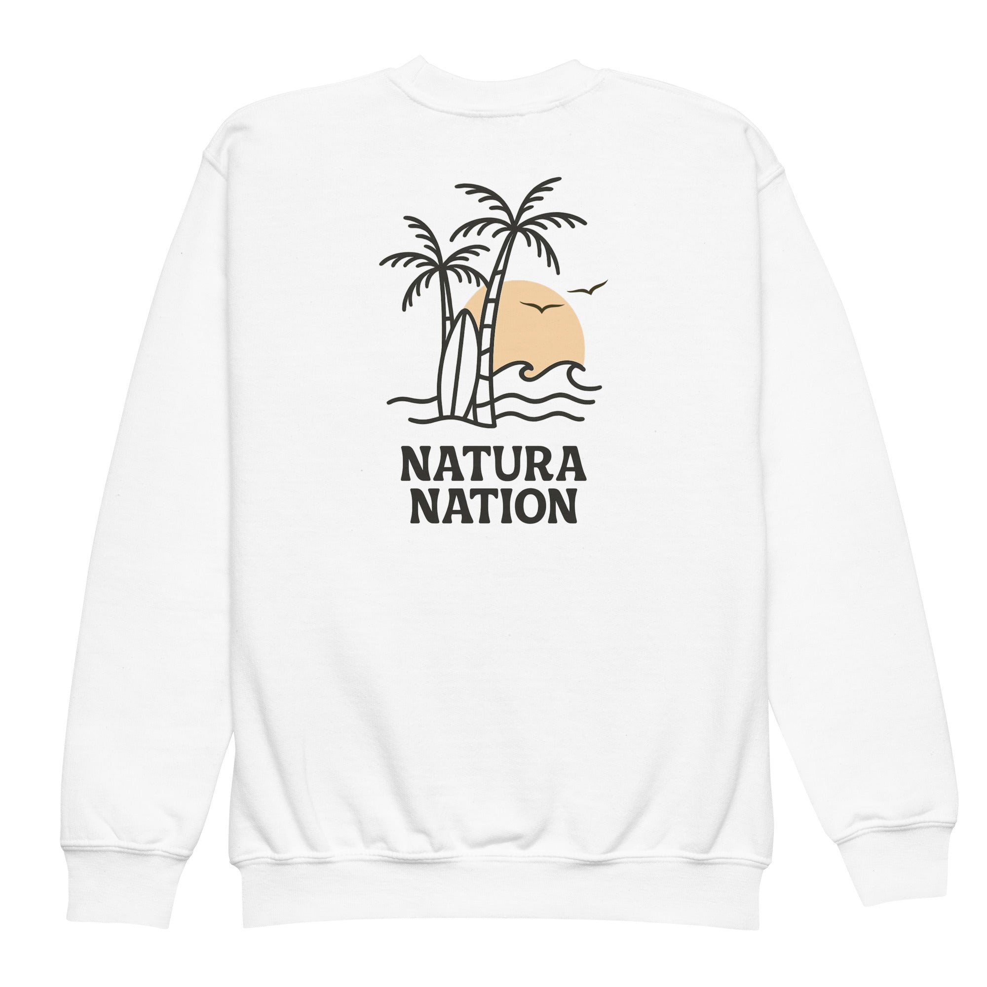 A white crewneck sweatshirt shown from the back, featuring a graphic of a beach sunset with palm trees, a surfboard, and the text 'NATURA NATION' in black. Kids tropical nature sweatshirt with a coastal back print, cozy fleece for cooler days.