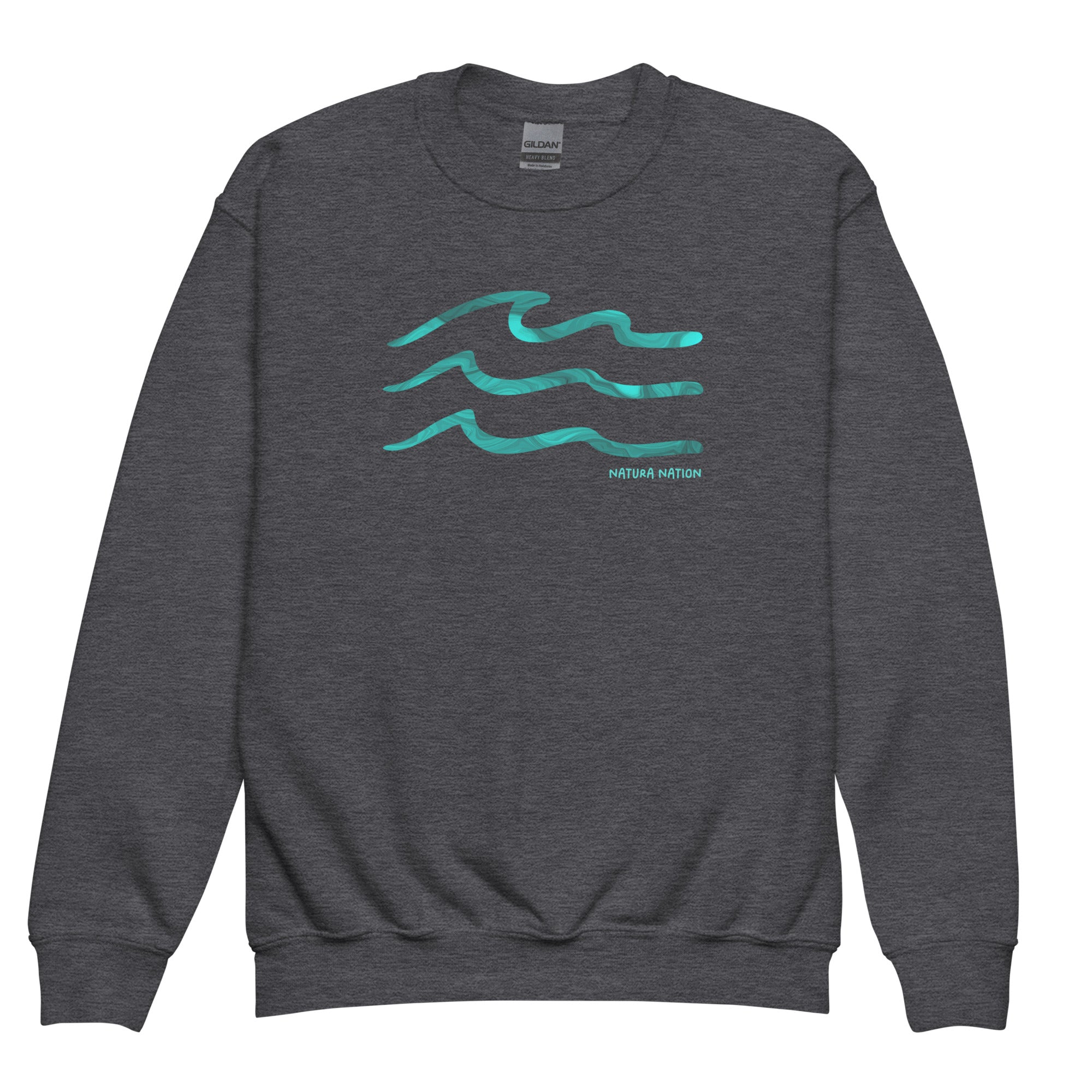 Kids wave sweatshirt with a coastal design, soft and cozy front view.