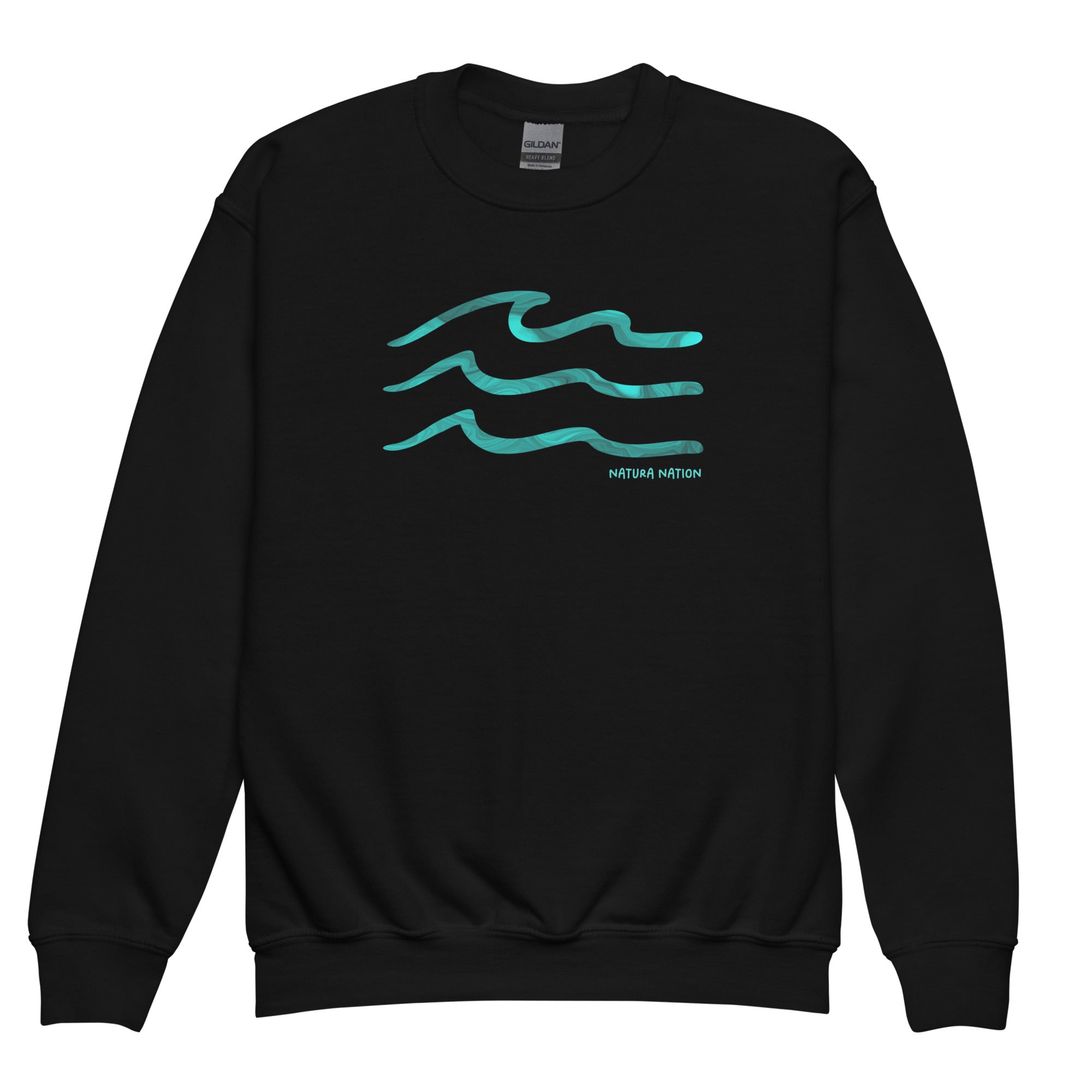 Kids nature crewneck sweatshirt featuring ocean waves for teens and youth.