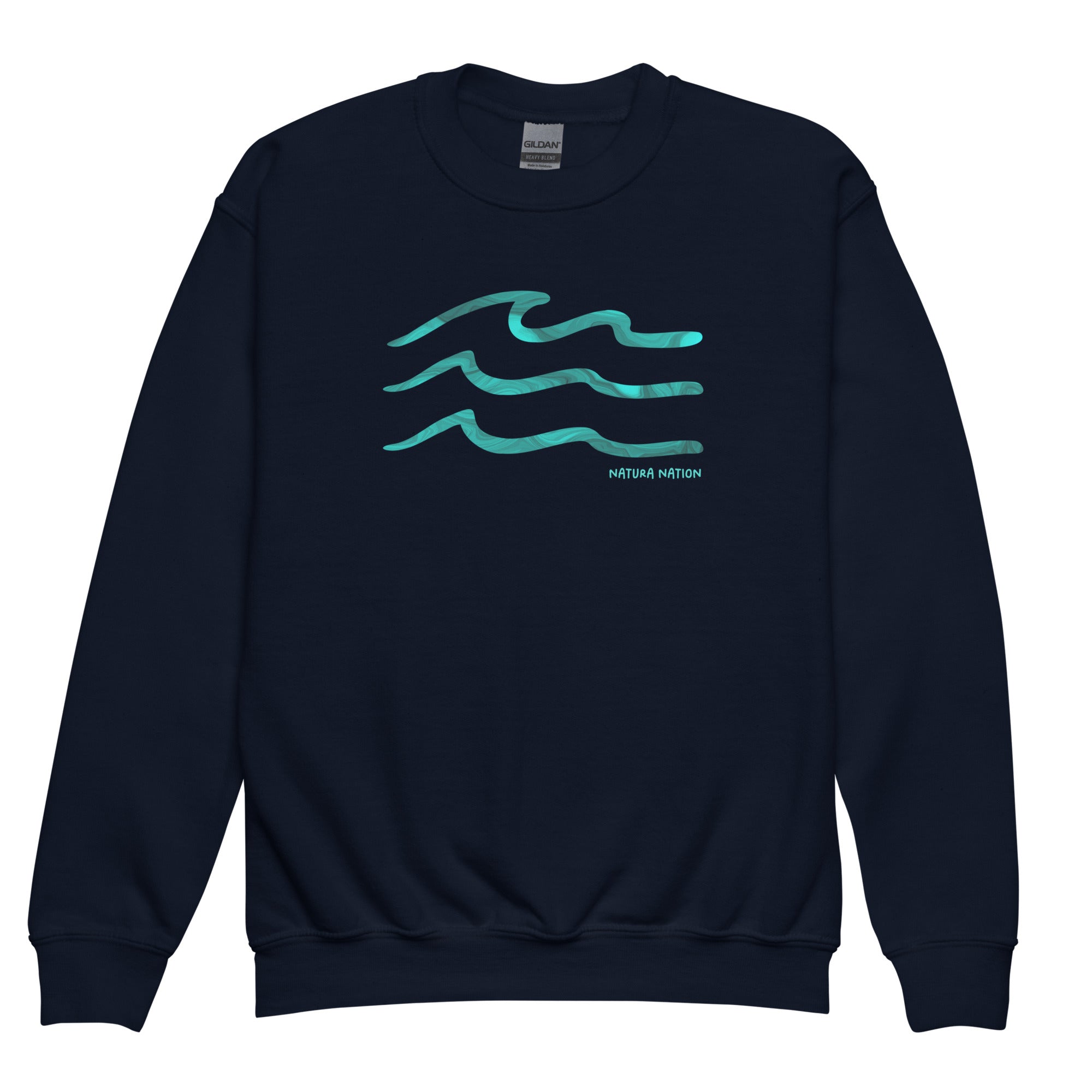 Youth ocean sweatshirt with a rolling wave design on the front for kids.