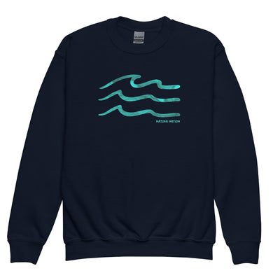 Youth ocean sweatshirt with a rolling wave design on the front for kids.