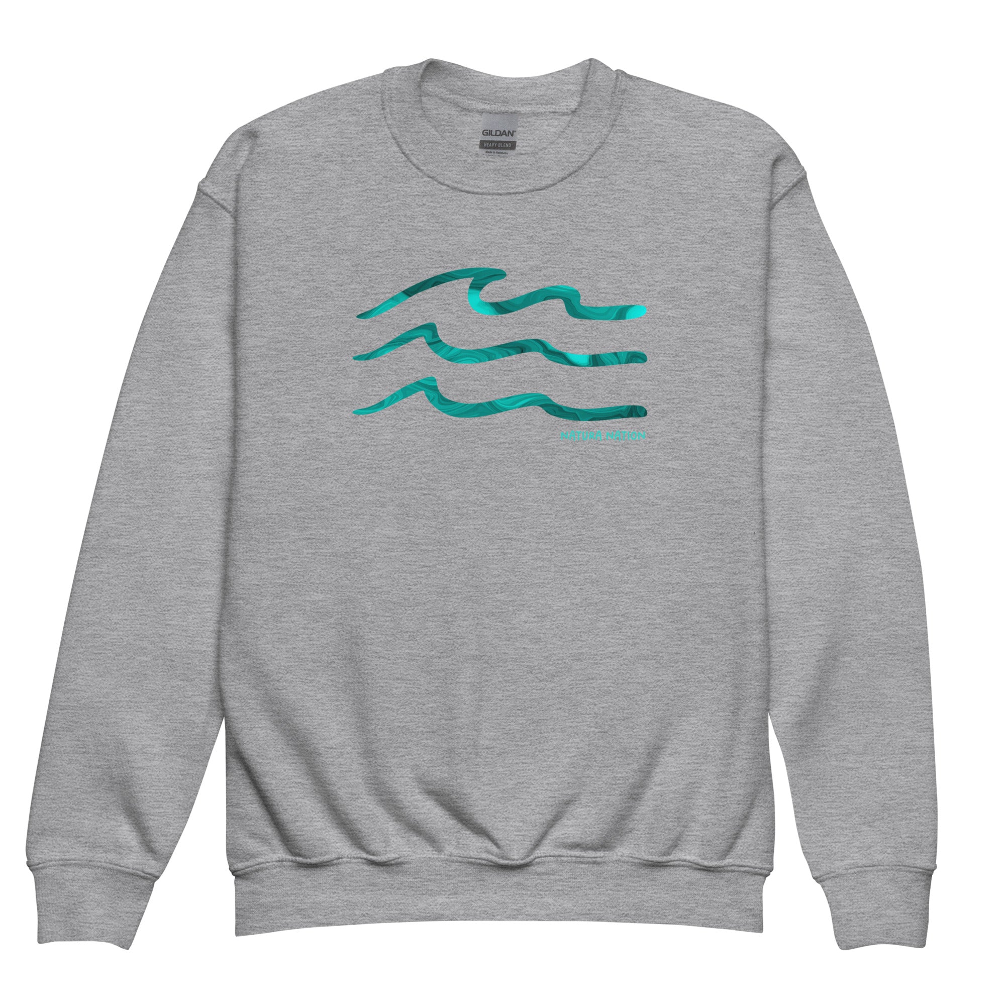 Kids wave sweatshirt with a coastal design, soft and cozy front view.