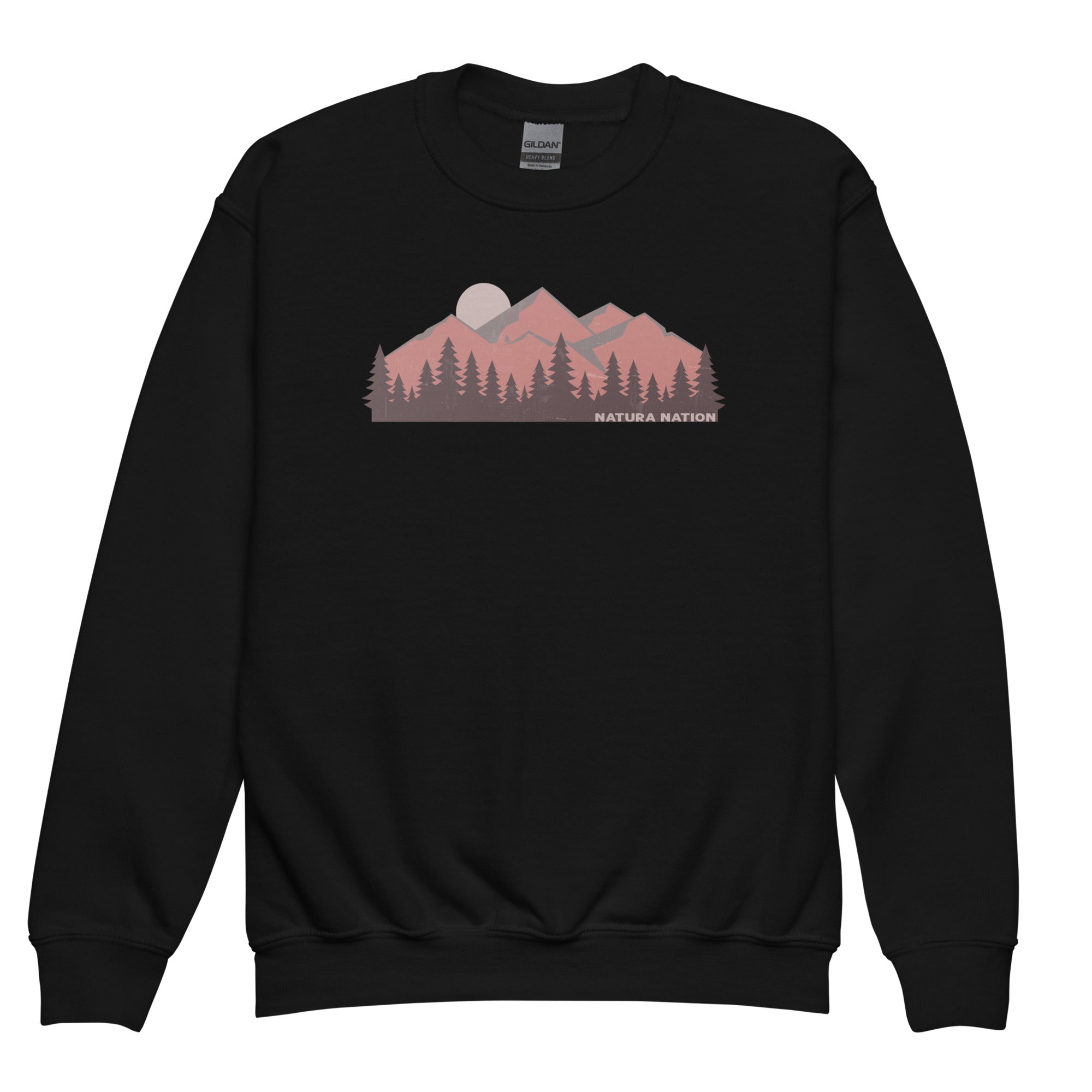Kids nature sweatshirt with majestic mountain peaks, cozy fleece for cooler days.