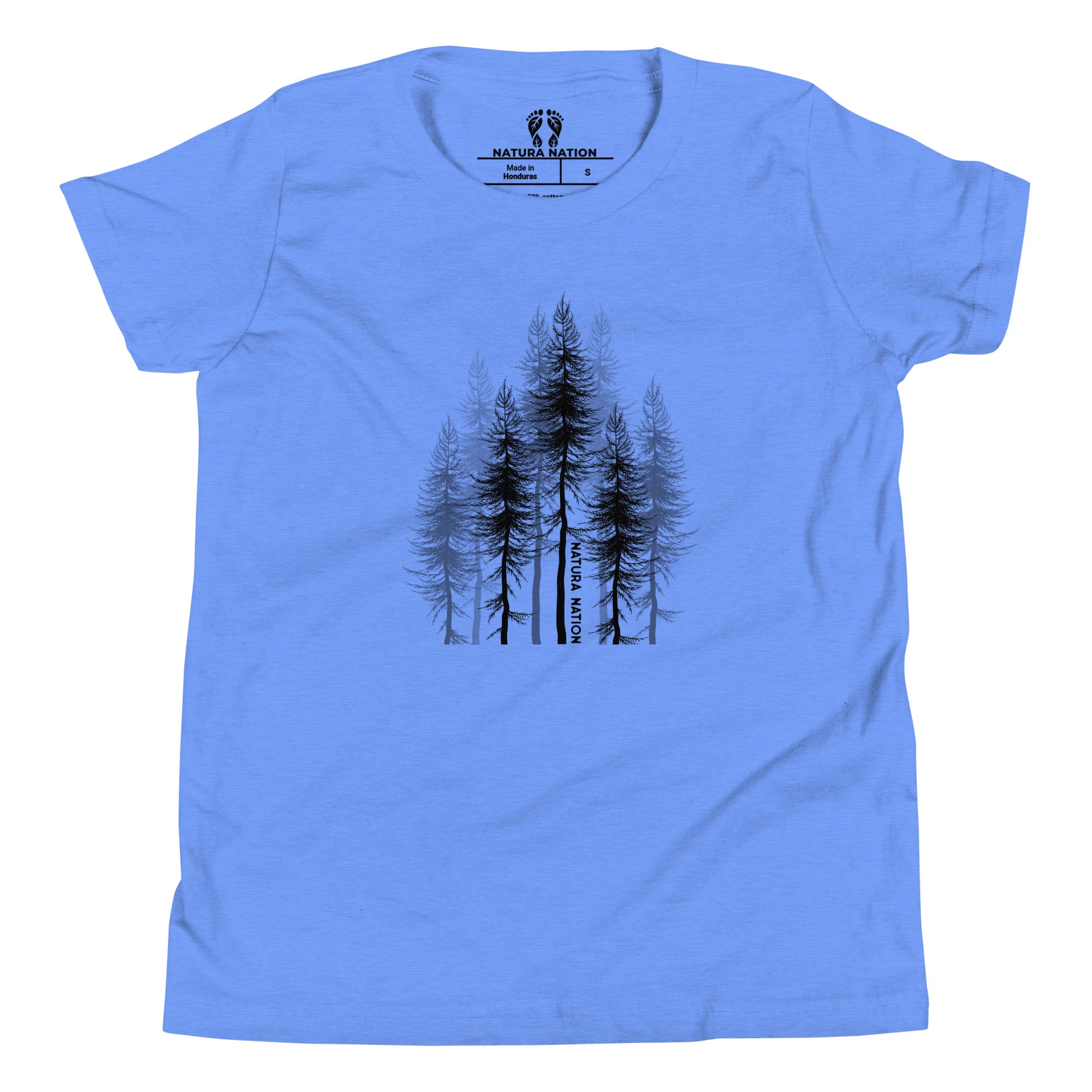 A heather blue short-sleeve t-shirt. Youth forest t-shirt with pine trees printed on the front.
