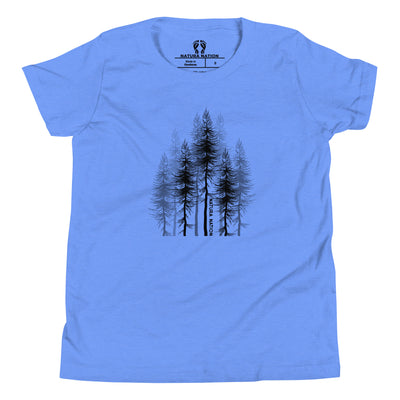 A heather blue short-sleeve t-shirt. Youth forest t-shirt with pine trees printed on the front.