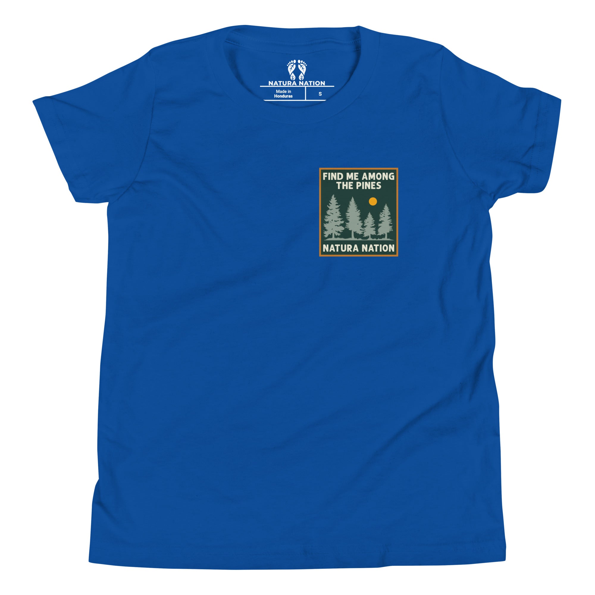 Youth forest t-shirt with pine trees on the front.