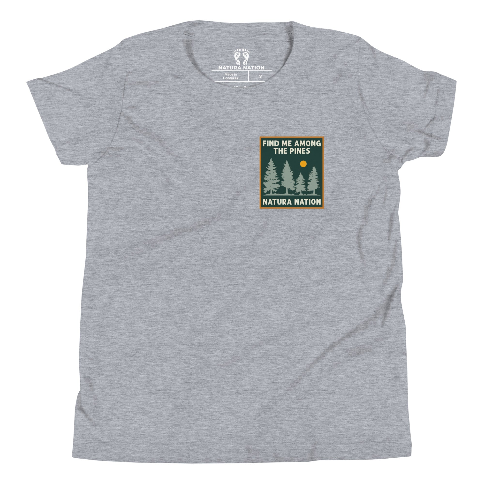 Youth graphic t-shirt with a nature tree design for outdoor lovers.
