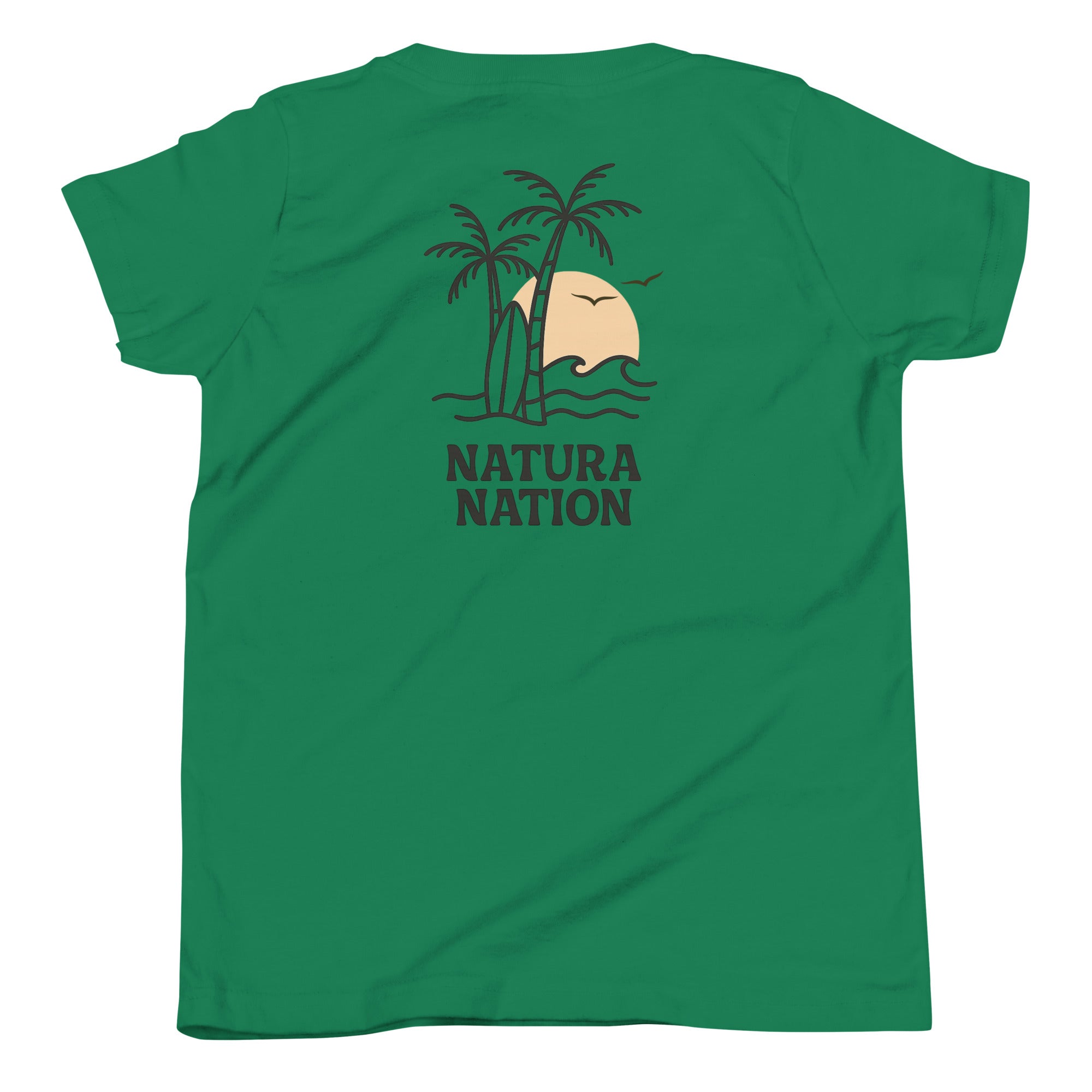 A kelly green short-sleeve youth t-shirt for teens with a graphic on the back featuring two palm trees, a beige sun, waves, surf board and the text 'NATURA NATION' in black.