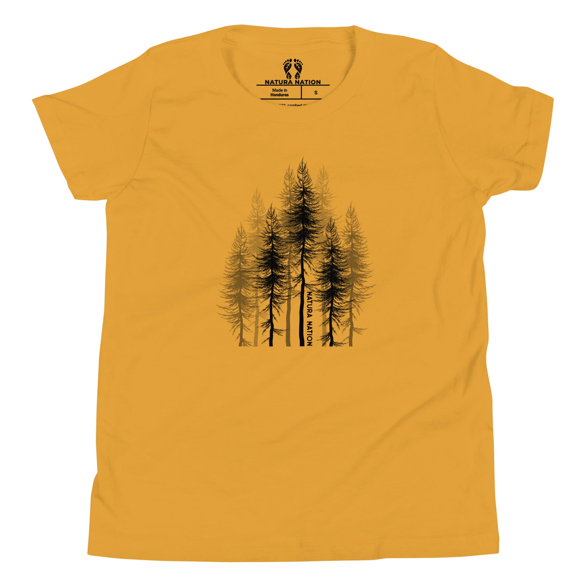 Graphic t-shirt for teens featuring a pine tree forest design.