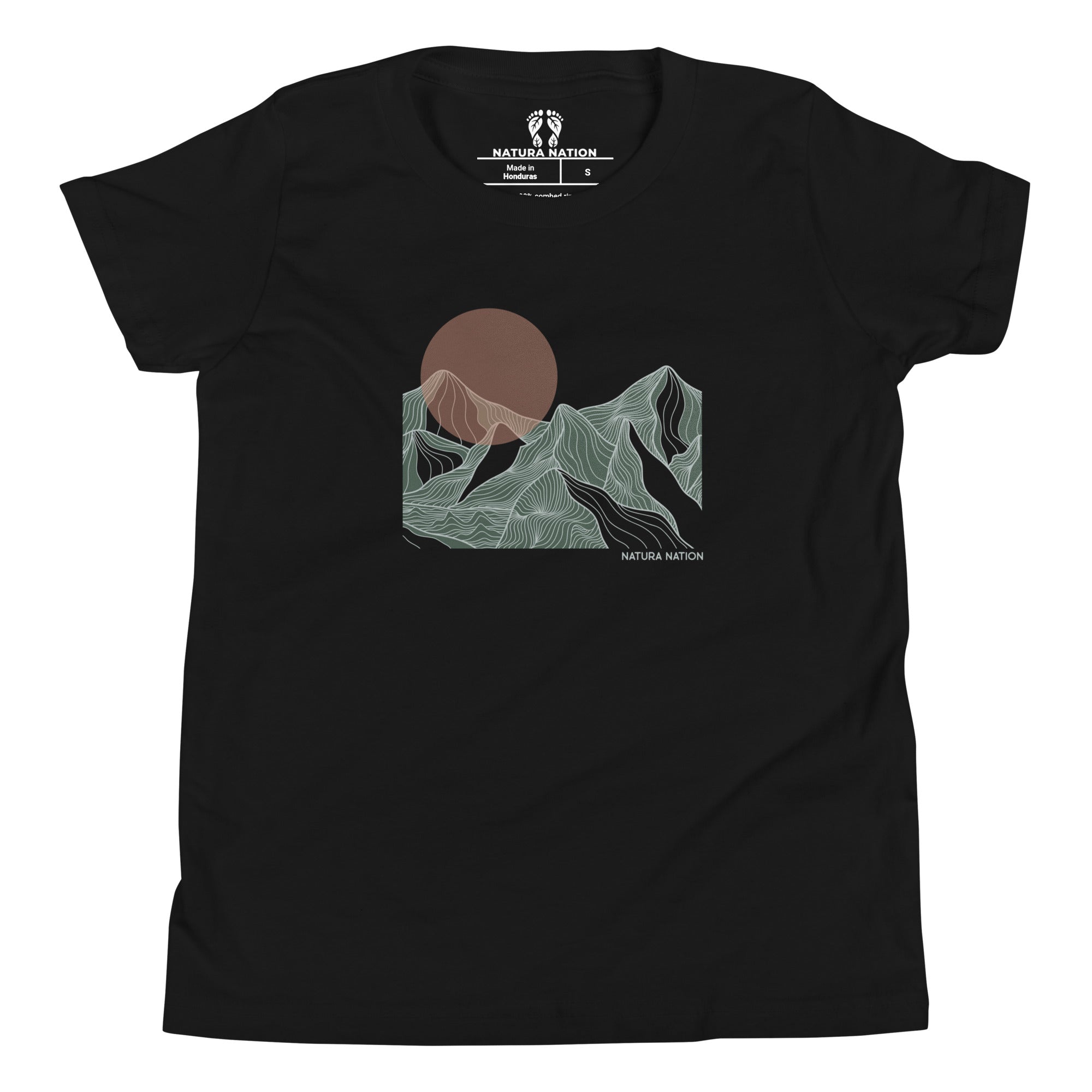 Youth graphic tee featuring glowing mountain peaks. A black short-sleeve crewneck t-shirt featuring a stylized graphic of a mountain landscape with a brown sun and green-gray line art. The brand name 'NATURA NATION' is printed inside the collar and on the graphic.