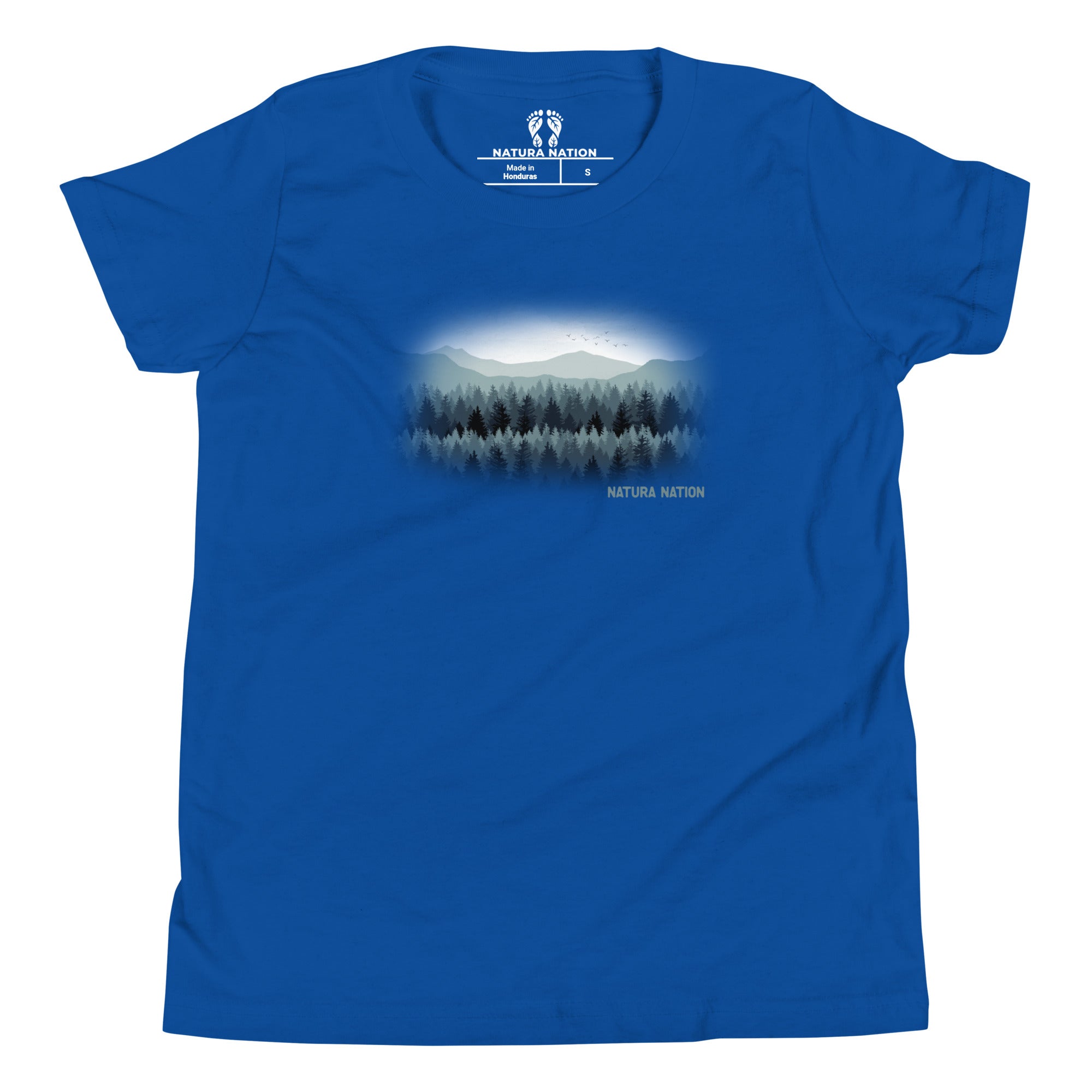 A royal blue short-sleeve t-shirt with a central graphic of a misty mountain forest and the text 'NATURA NATION' printed below it, shown on a plain white background.