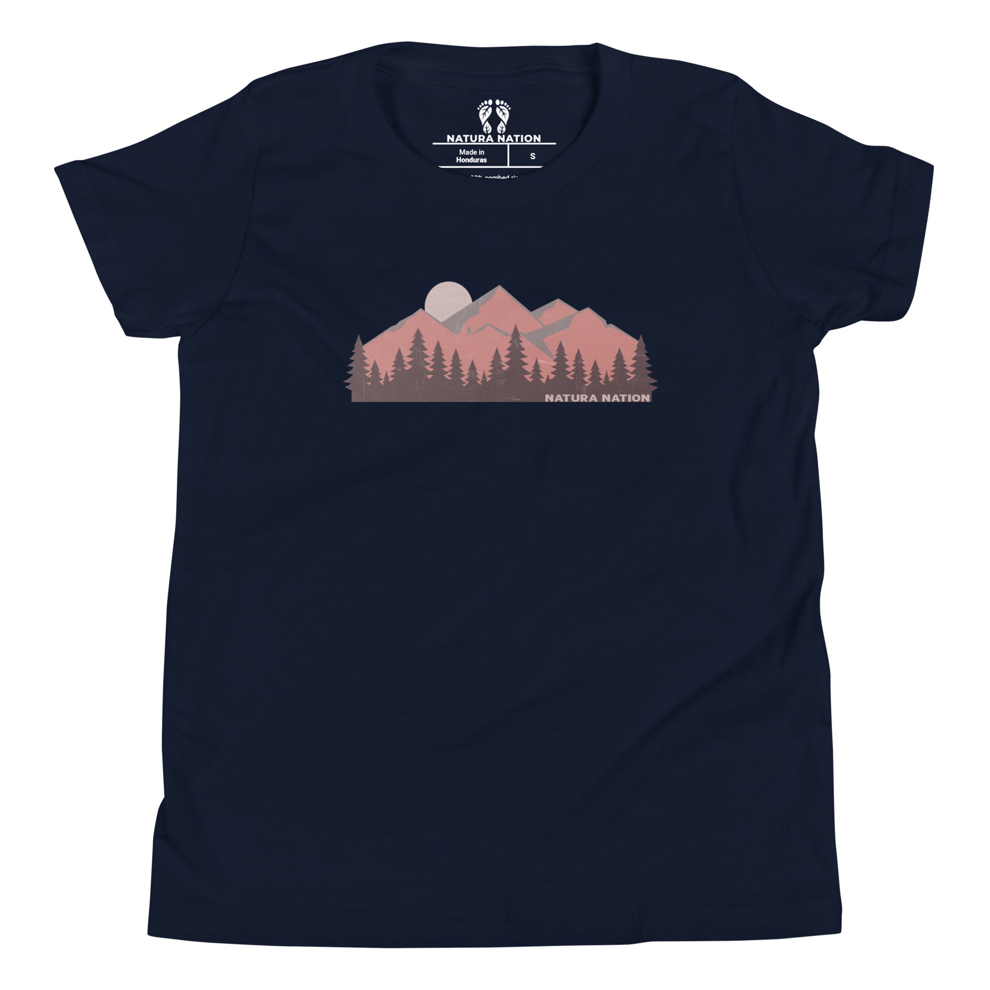 Youth graphic tee featuring mountain summits. A navy blue short-sleeve t-shirt with a central graphic of a mountain range, pine trees, and a moon, labeled 'NATURA NATION'. The shirt is displayed flat against a plain white background.