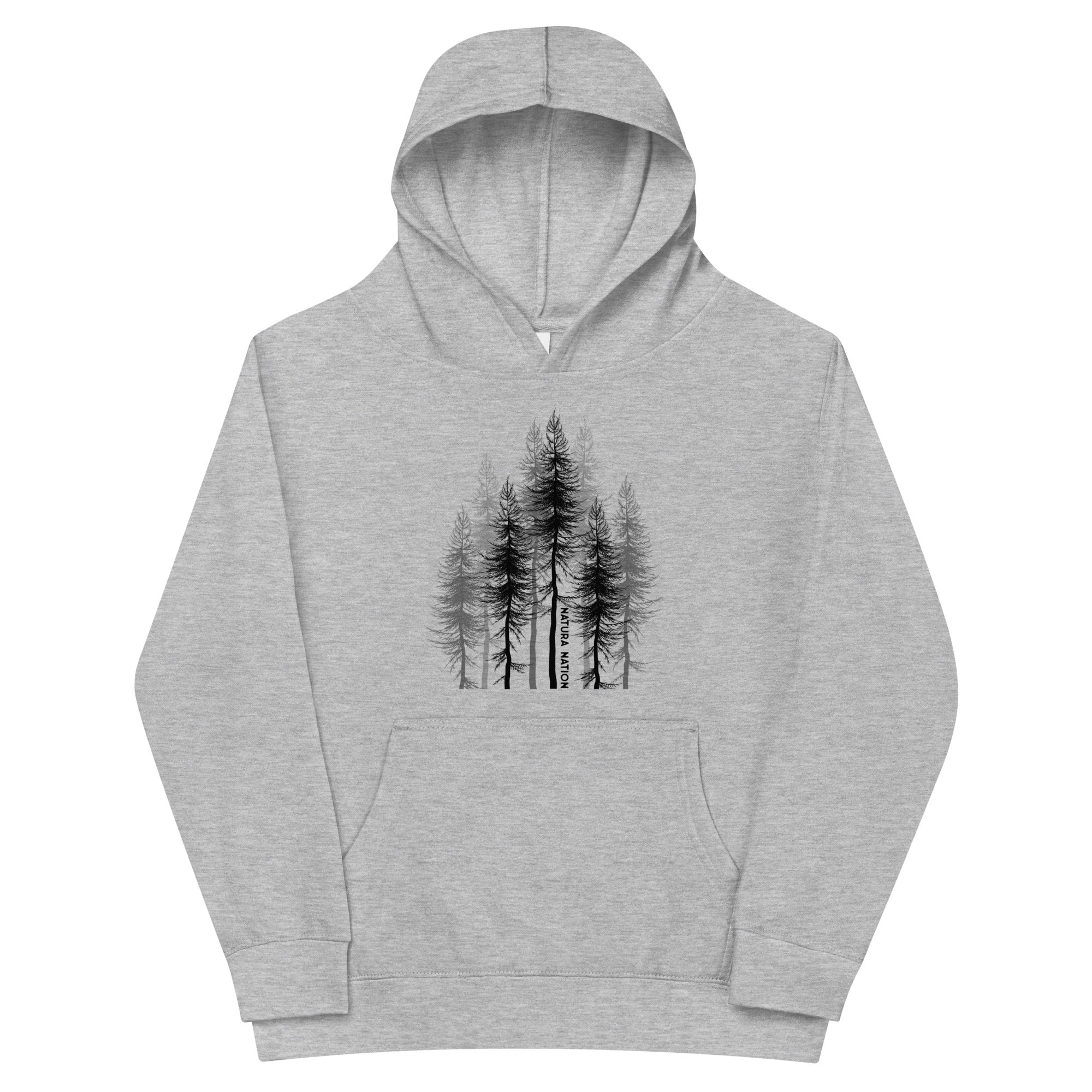 Youth tree hoodie with a pine forest design on the front for kids.