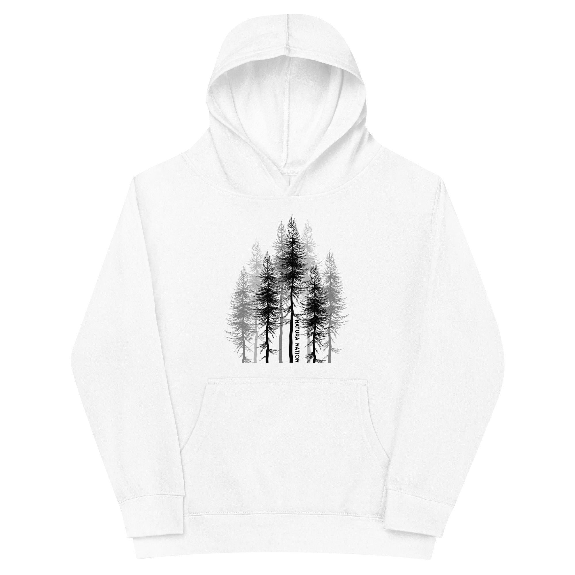 Youth pullover hoodie with a pine design for kids who love the forest.