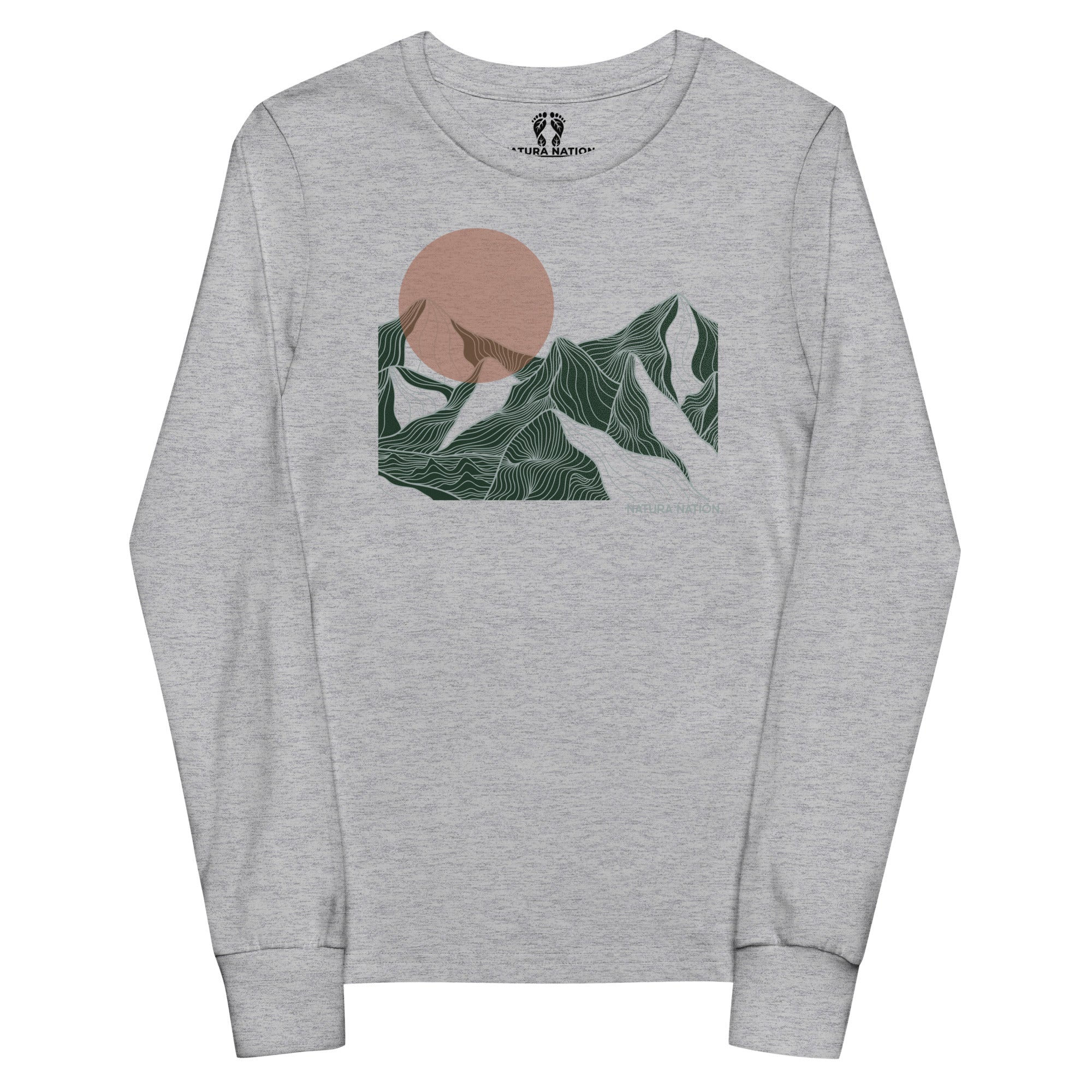 Long sleeve mountain tee for teens with a sunset peak print, plain back view