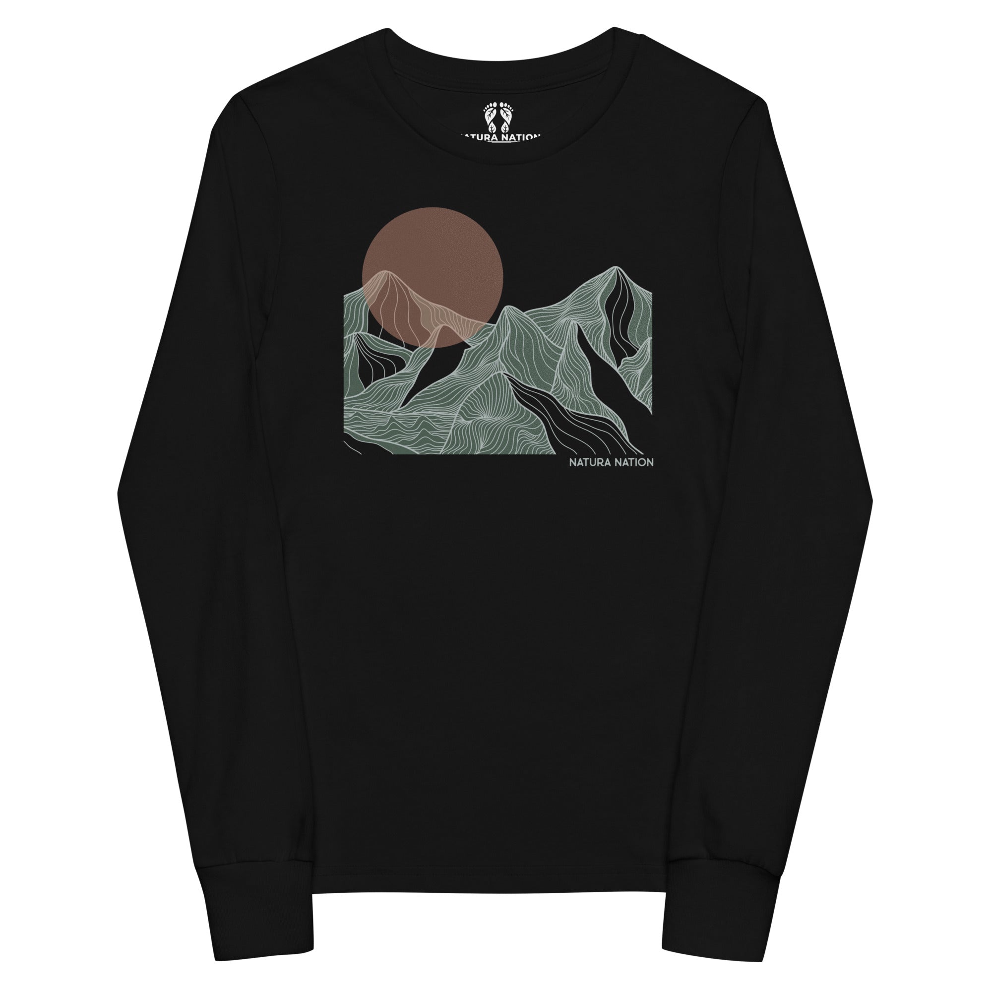 A black long-sleeve crewneck sweatshirt featuring a graphic print of stylized mountains and a large brown sun on the chest, with 'NATURA NATION' printed below the graphic. Youth mountain long-sleeve T-shirt with glowing sunset peaks for kids.