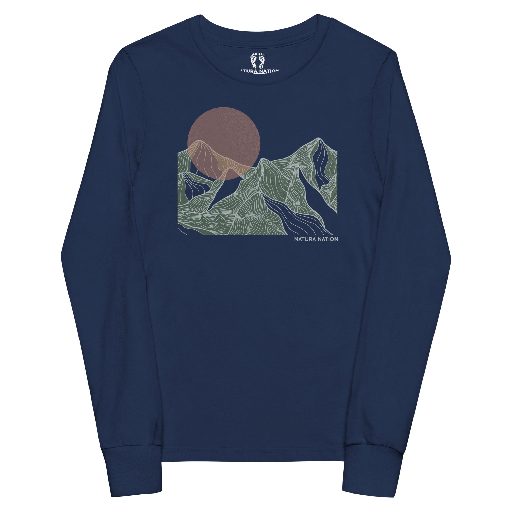 A navy blue long-sleeve crewneck t-shirt featuring a graphic print of stylized mountains with a brown sun and the text 'NATURA NATION' on the chest. Youth graphic long sleeve T-shirt with a mountain glow design, front view.