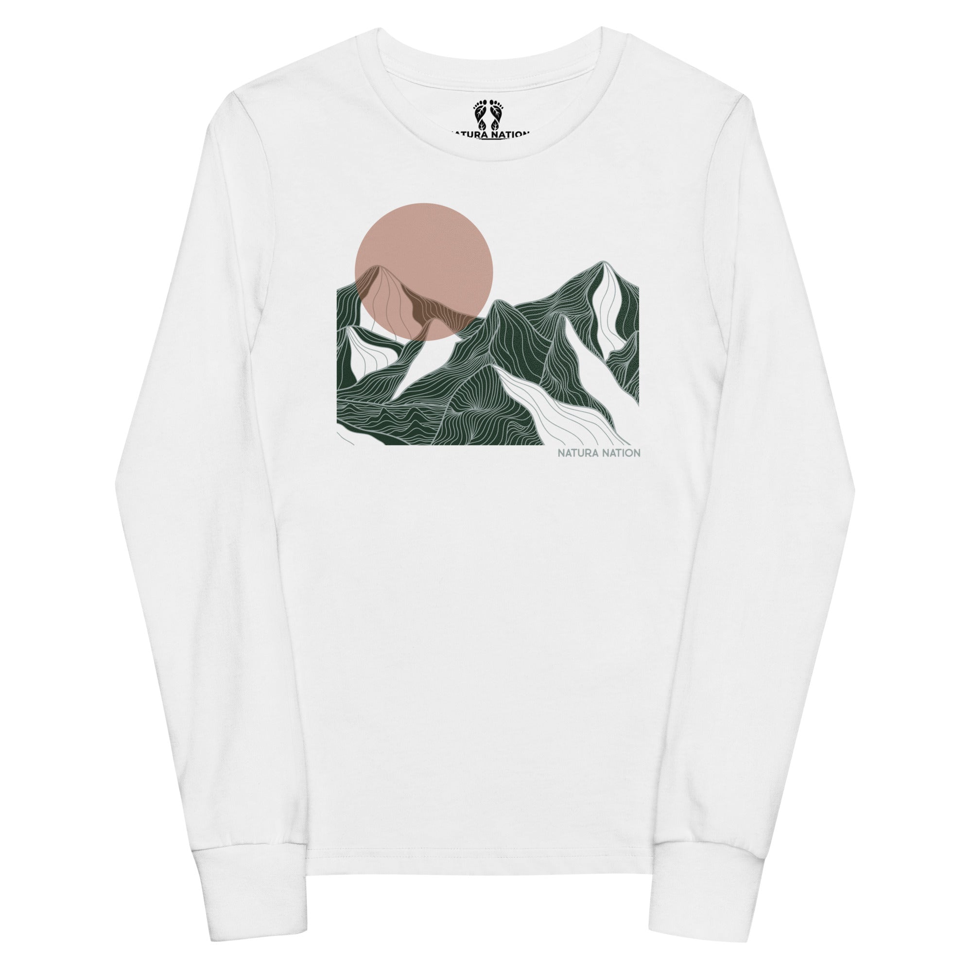 A white long-sleeve crewneck t-shirt featuring a stylized graphic of green mountains with white snow and a dusty pink sun on the chest. The brand name 'Natura Nation' is printed below the graphic. Kids mountain long sleeve T-shirt for outdoor lovers who stay till dusk.
