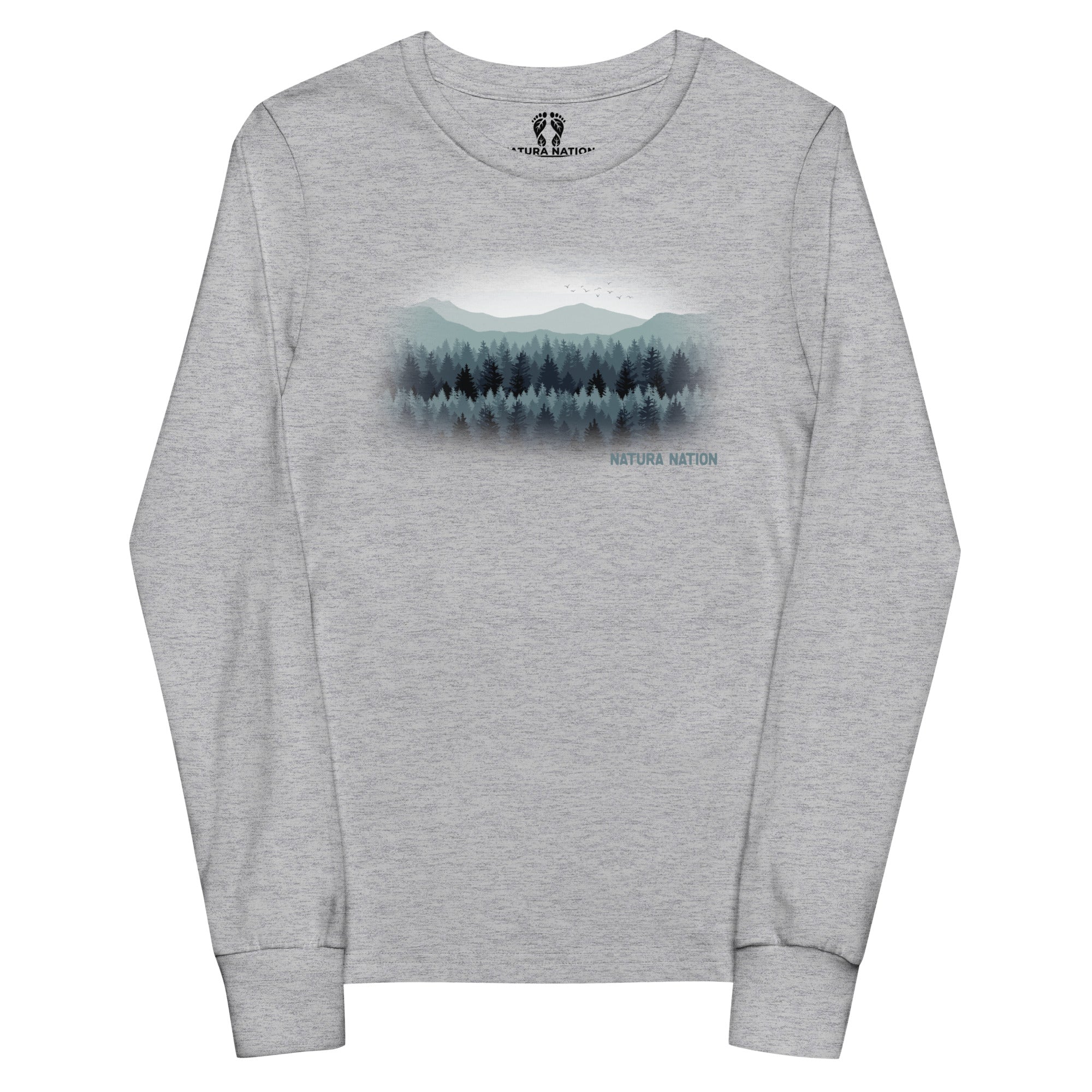A heather gray long-sleeve crewneck sweatshirt featuring a scenic graphic of a misty pine forest and mountains on the chest, with 'NATURA NATION' printed below the graphic. Kids' forest and mountain long-sleeve tee with a nature design for the outdoors.