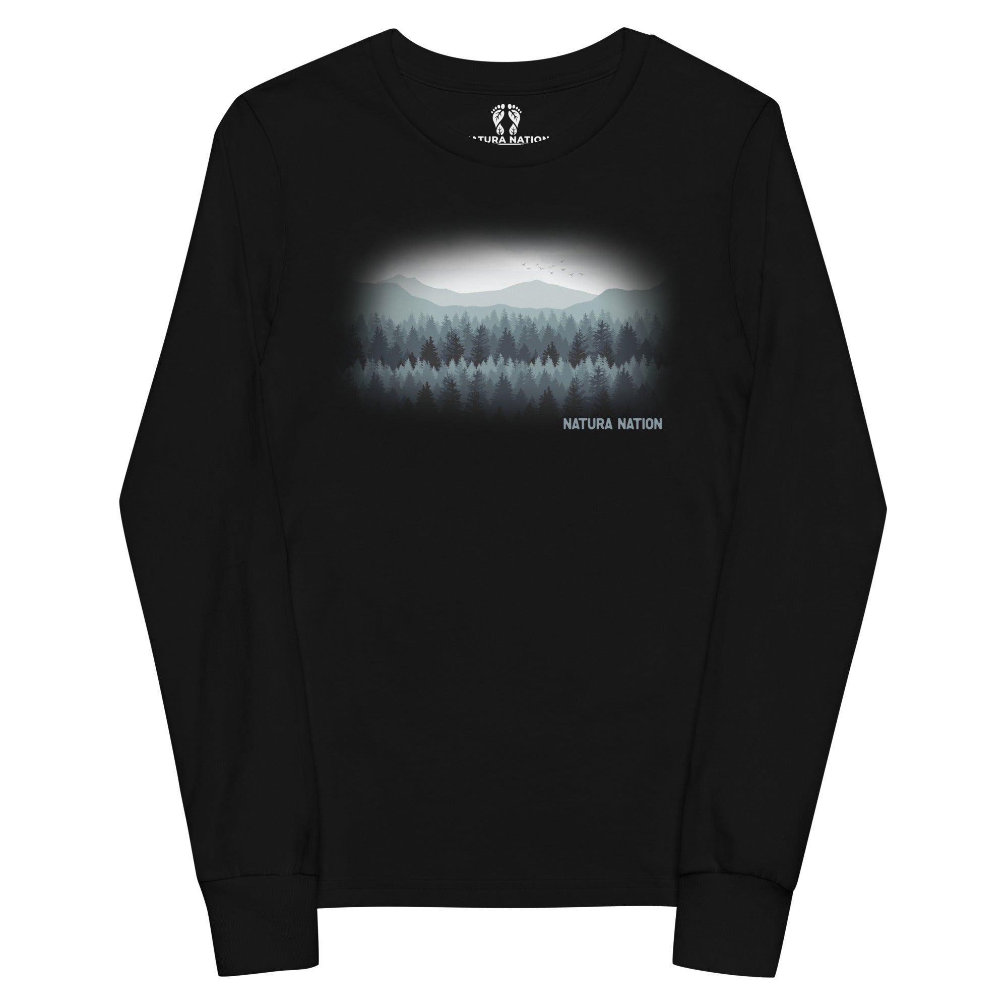 A black long-sleeve crewneck sweatshirt featuring a misty mountain and pine forest graphic on the chest, with the text 'NATURA NATION' printed below the graphic.