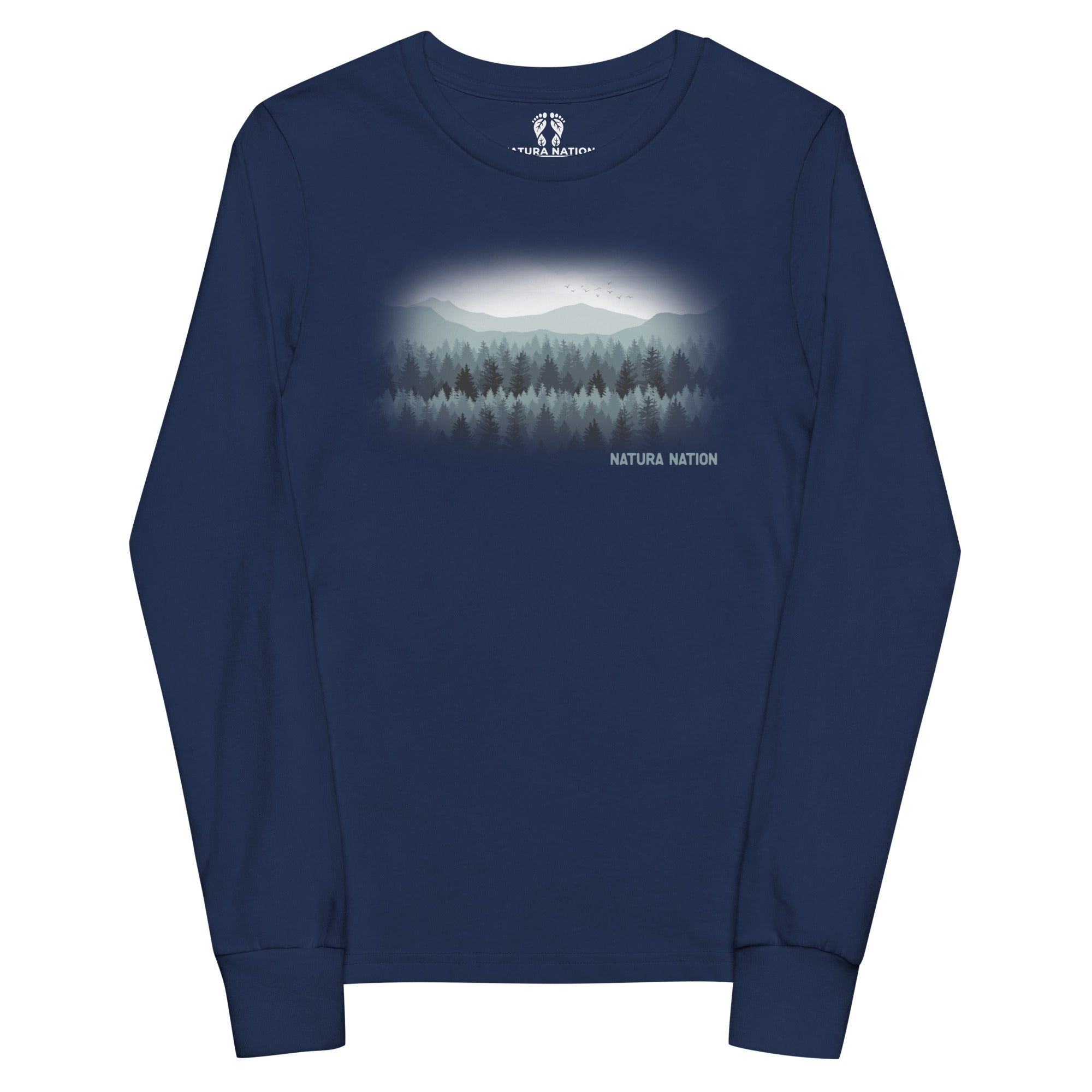 A navy blue long-sleeve crewneck shirt featuring a misty mountain forest graphic on the chest with the text 'NATURA NATION' below it, displayed on a clean white background.