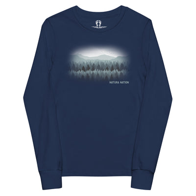 A navy blue long-sleeve crewneck shirt featuring a misty mountain forest graphic on the chest with the text 'NATURA NATION' below it, displayed on a clean white background.