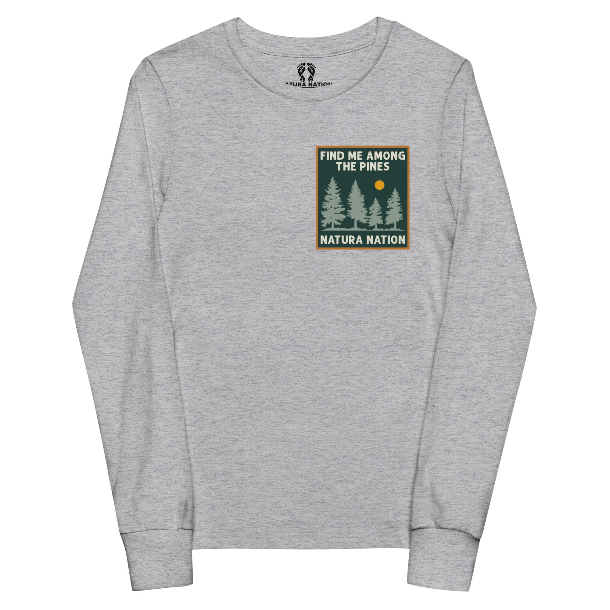 A heather gray long-sleeve t-shirt with a chest graphic that reads 'FIND ME AMONG THE PINES / NATURA NATION' above a forest scene, shown on a plain white background.
