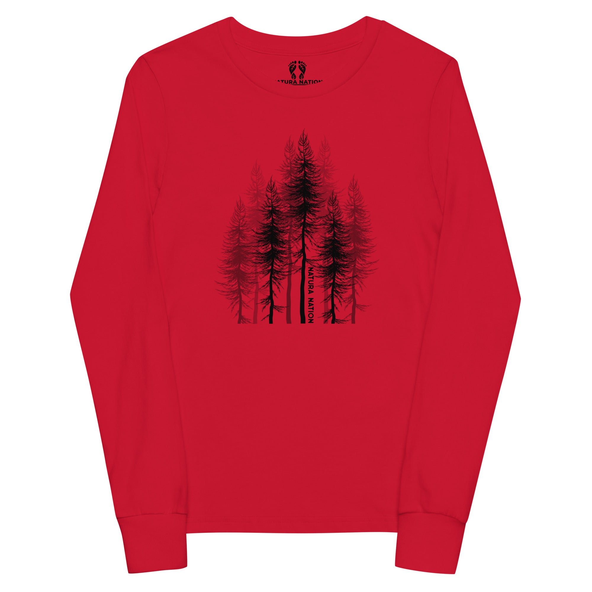 Red long sleeve graphic tee for teens with a pine forest print.